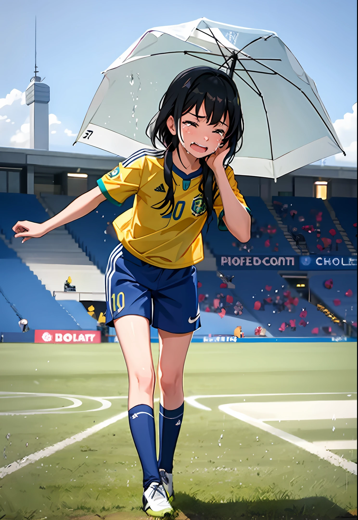 A child on a soccer field, crying lost, wearing a Brazilian blouse on a rainy day