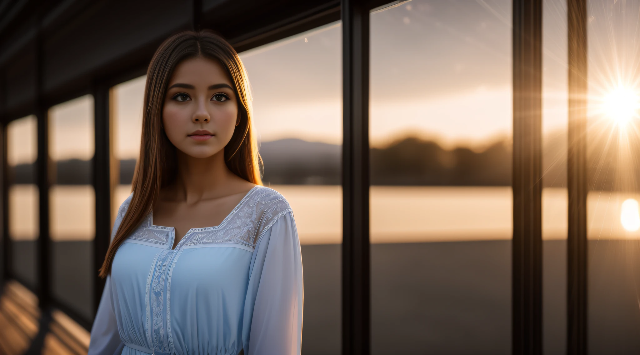 amazing grand tableclothes sun rays neoclassical big window blue hour. stunnig girl look for out, depht-of-field, bokeh, (frontlighting:1.2), (backlighting:0.75), (fill light:0.9), bloom, chromatic aberration, (lens flare:1.2), masterpiece, winning photo,