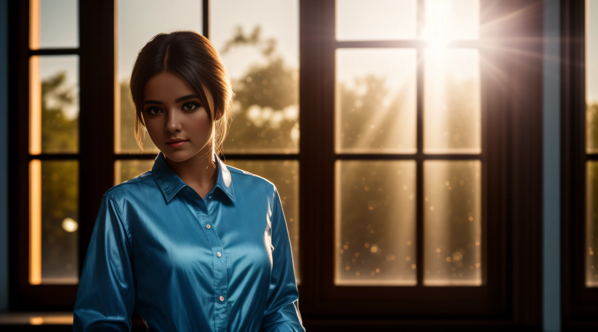 amazing grand tableclothes sun rays neoclassical big window blue hour. stunnig girl look for out, depht-of-field, bokeh, (frontlighting:1.2), (backlighting:0.75), (fill light:0.9), bloom, chromatic aberration, (lens flare:1.2), masterpiece, winning photo,