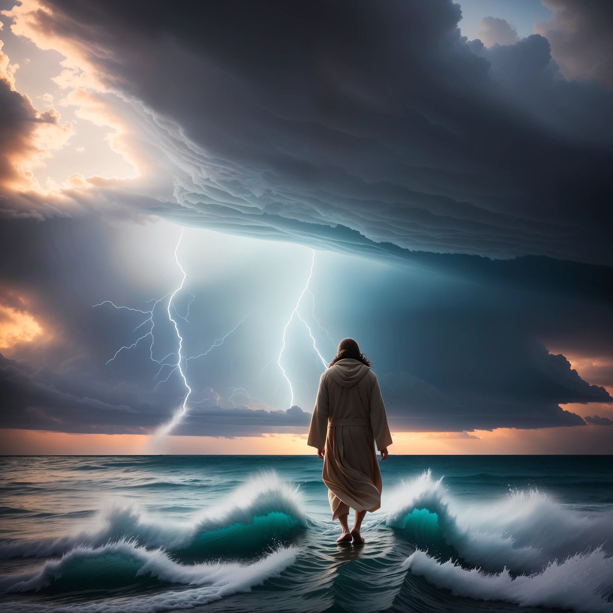 jesus walking on water in a storm, masterpiece, best quality, high quality, extremely detailed CG unit 8k wallpaper, award winning photography, Bokeh, Depth of Field, HDR, bloom, Chromatic aberration, photorealistic, extremely detailed, trending on artstation, trending on CGsociety, intricate, high detail, dramatic, mid-journey art, volumetric lighting