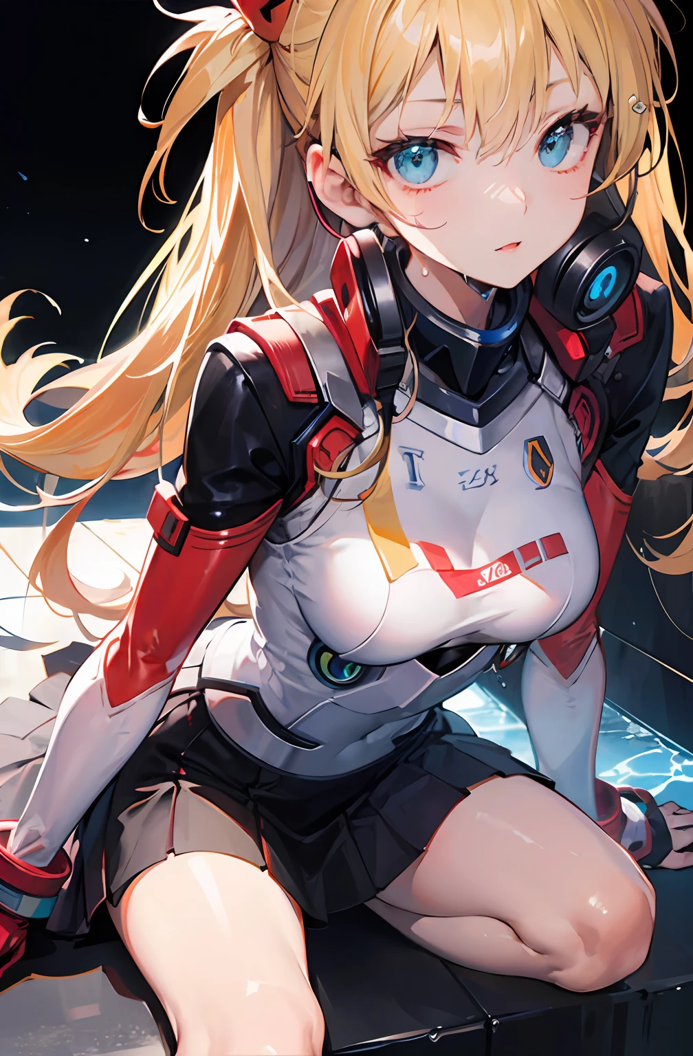 Official Art, Unity 8k Wallpaper, Ultra Detail, Beautiful and Aesthetic, Masterpiece, Best Quality, Real, Close Up, Skindentation, Soouryuu Asuka Langley, Interface Headset, , Detailed Eyes, Detailed Face, Detailed Hair, Black Background, Straight On, Look Viewer, Mini Skirt,Sexy Wet