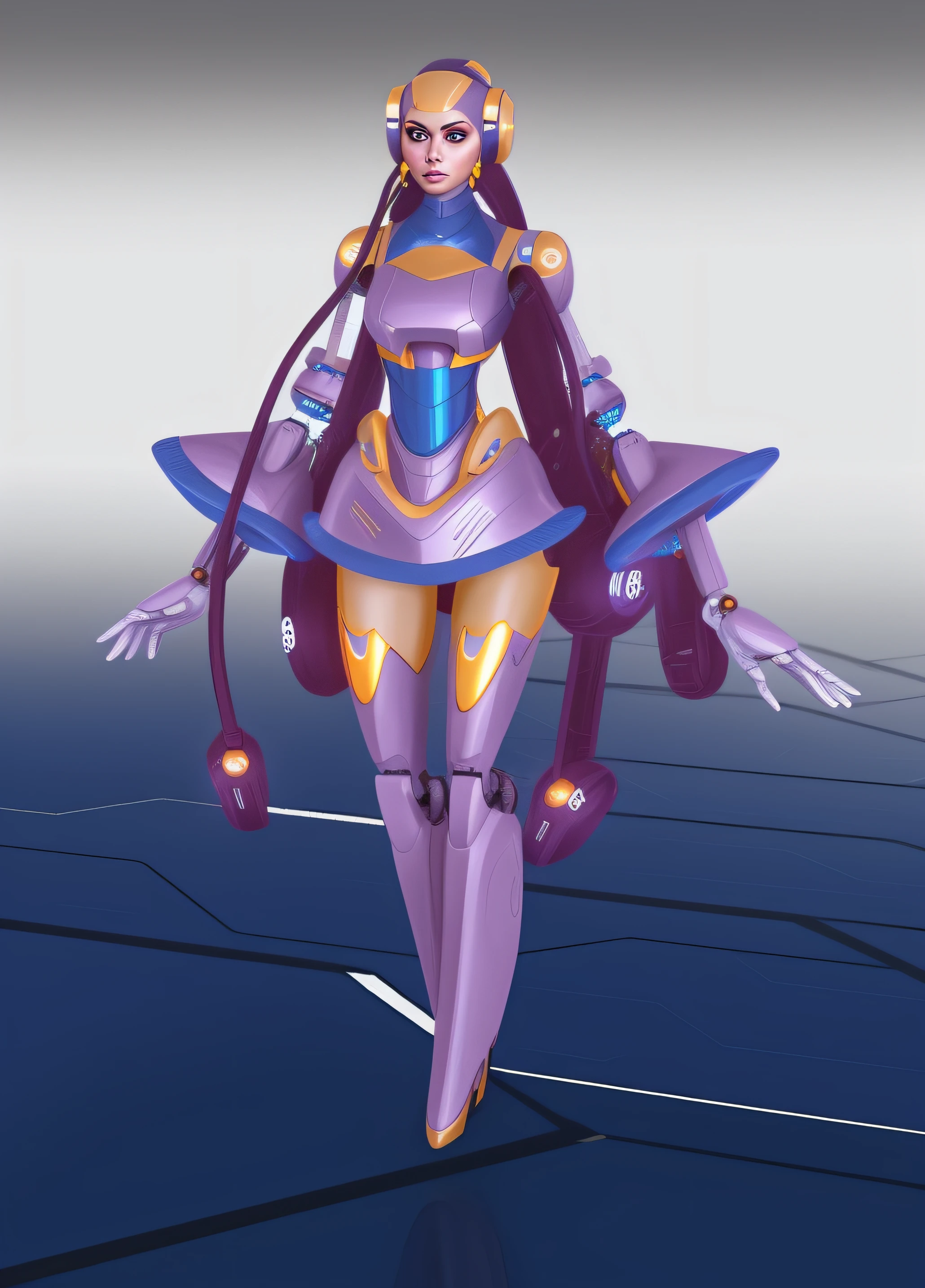 Sci-fi robot Hispanic woman, with purple blue and gold formal cyber wear, in a futuristic void, realistic art style, intricate details