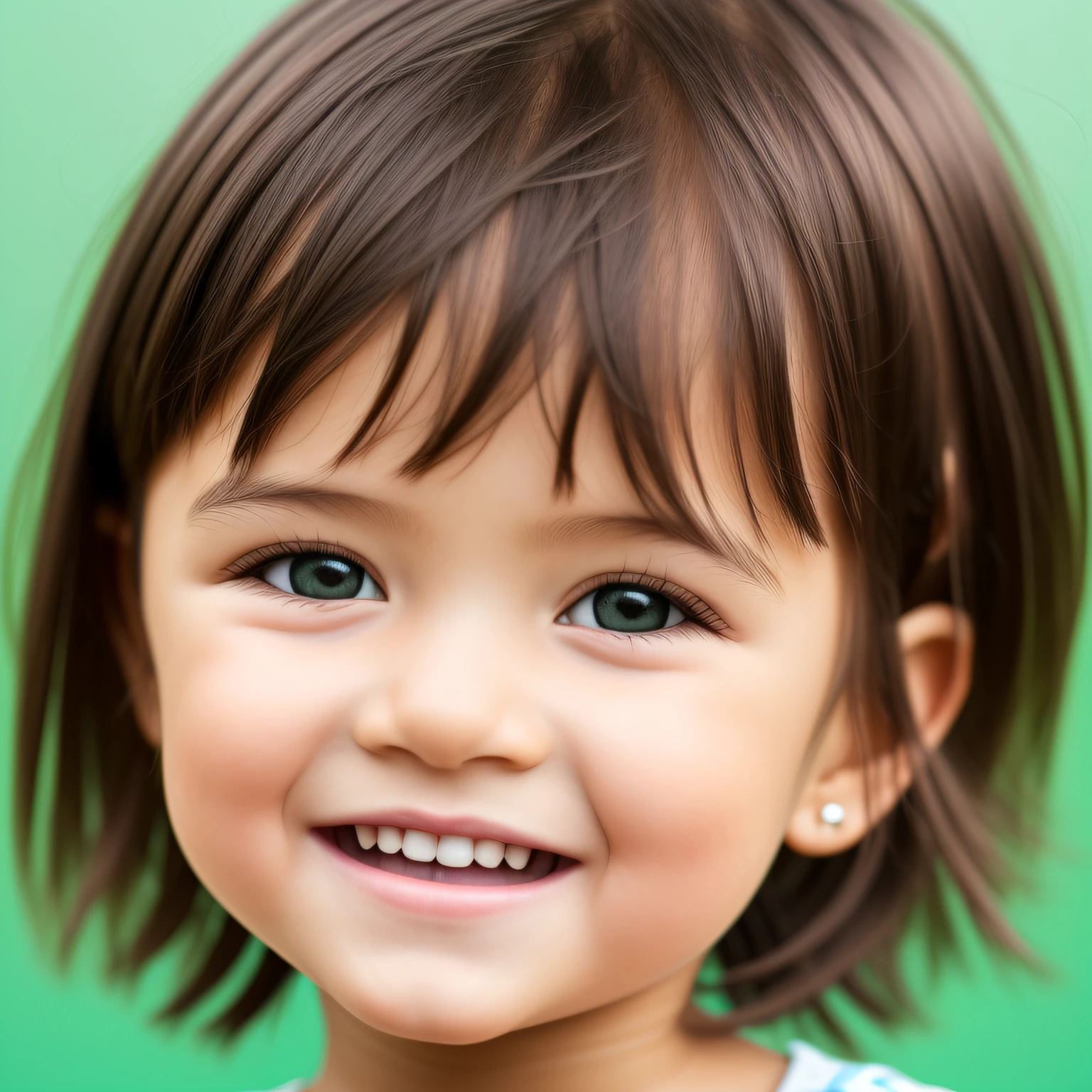 child, short black hair, brunette, brown eyes, close up, happy, face front, green background, hyper-realistic, best resolution, 4k, super realistic --auto