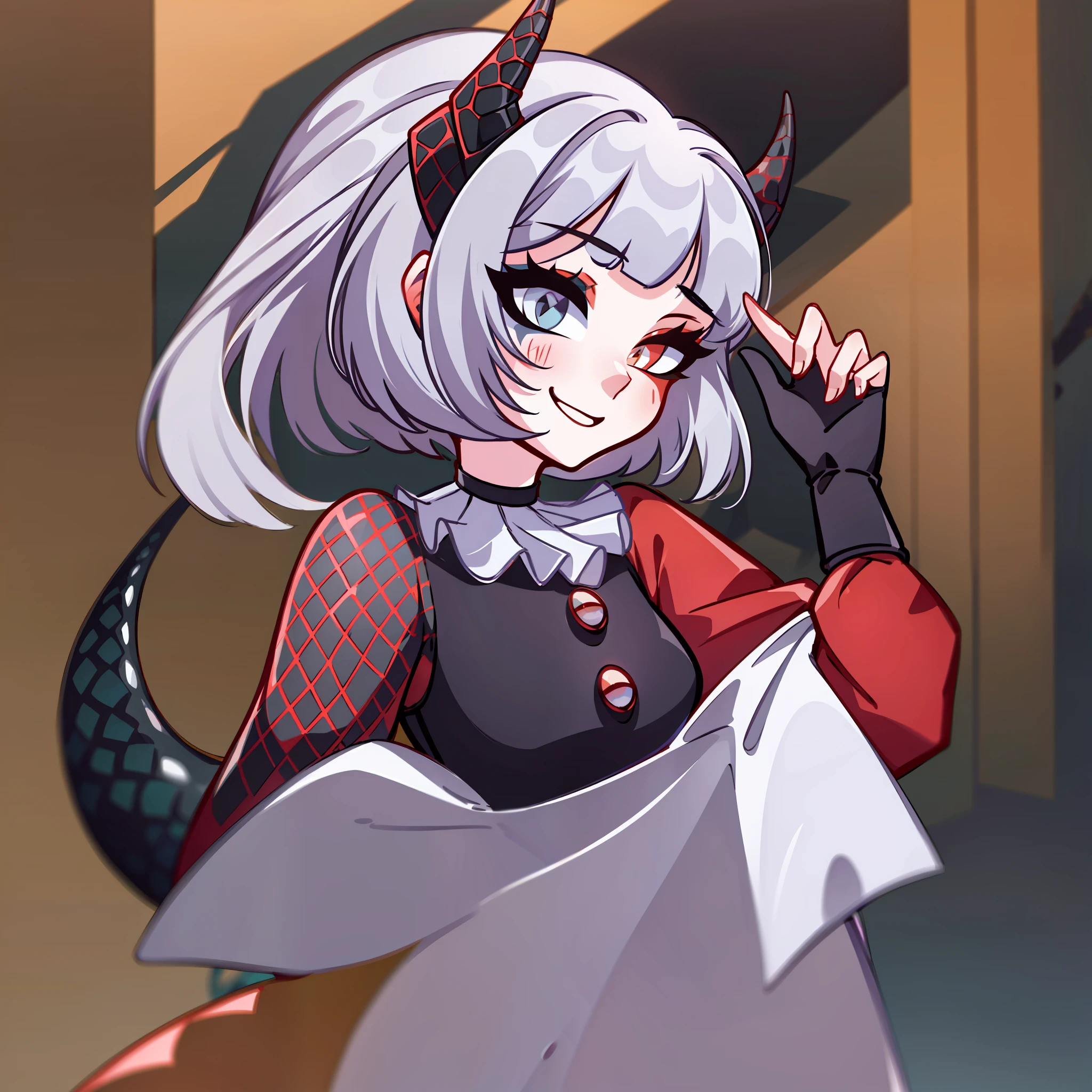 (Best quality: 1.0), (super high res: 1.0), extremely detailed character, detailed Hands, half-dragon girl, horns, scales on the neck, scales on the shoulders, scales on the forearm, scales on the cheek, girl with dragon tail, dragon tail, extremely detailed hair, short hair, ((white hair)), ((black locks)), extremely detailed eyes, eye with different colors, heterochromia, white right eye and black left eye, dragon eyes, 2d, anime art, (()), ((full body)), standing, medieval, rpg, small, cute, flushed, embarrassed, cheerful, smiling, smiling