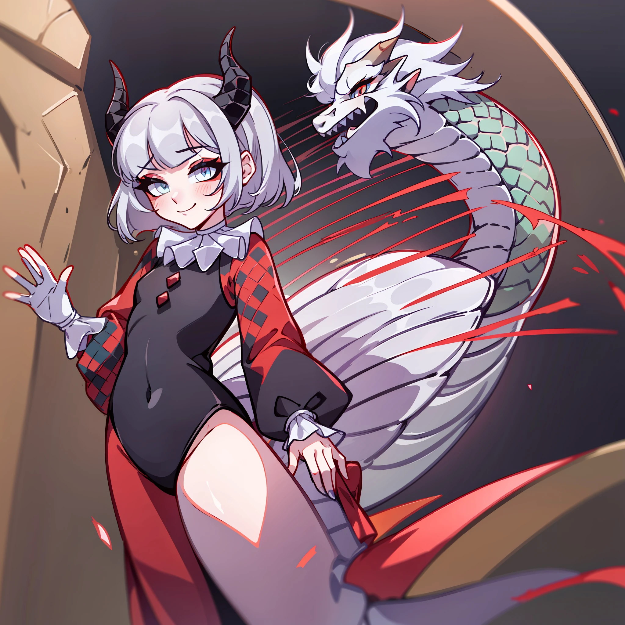 (Best quality: 1.0), (super high res: 1.0), extremely detailed character, detailed Hands, half-dragon girl, horns, scales on the neck, scales on the shoulders, scales on the forearm, scales on the cheek, girl with dragon tail, dragon tail, extremely detailed hair, short hair, ((white hair)), ((black locks)), extremely detailed eyes, eye with different colors, heterochromia, white right eye and black left eye,  dragon eyes, 2d, anime art, (()), ((full body)), standing, medieval, rpg, small, cute, flushed, embarrassed, cheerful, smiling, smiling