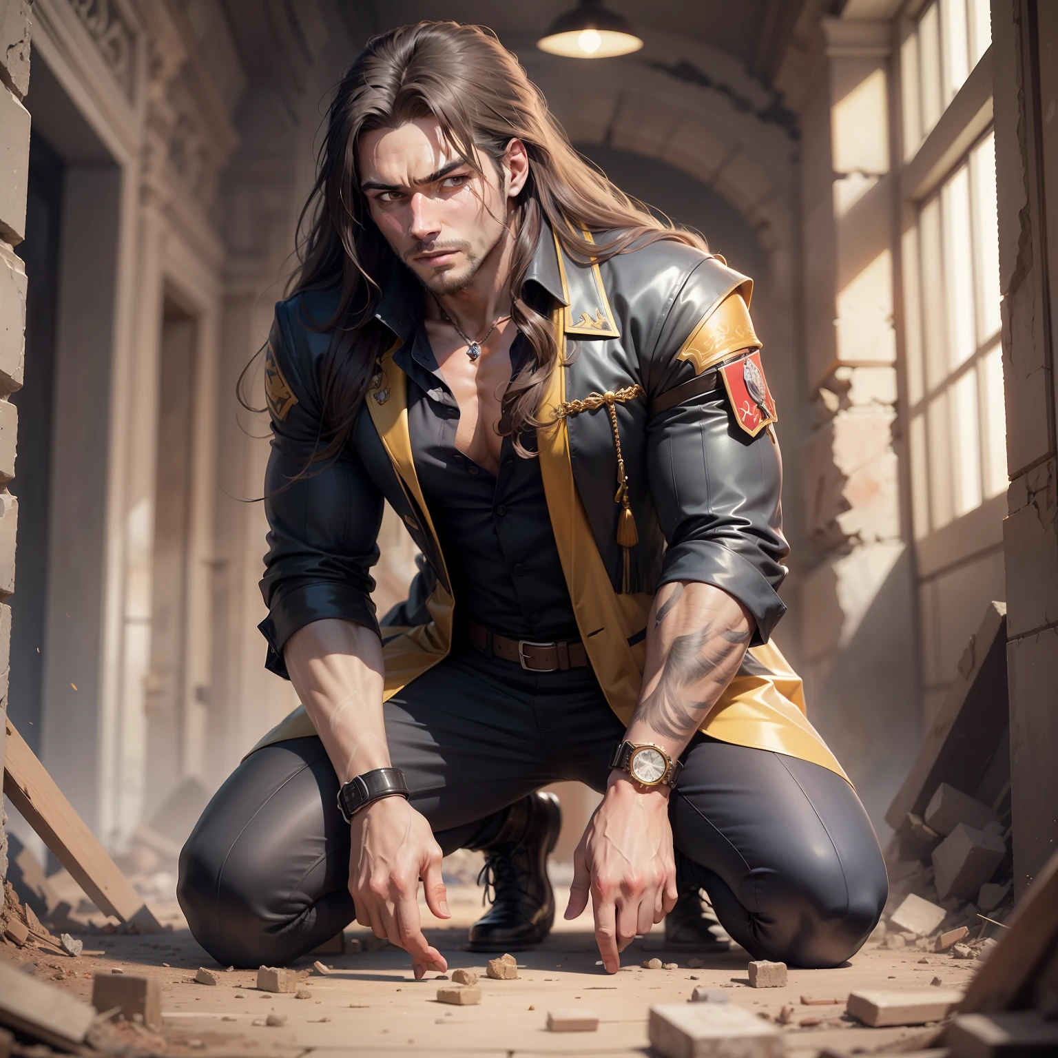 Realistic image of a handsome, strong man, long brown hair, brown eyes, anime-style art, dressed in black alchemist-style costumes with a black blouse underneath, panting, wound in the left eye, kneeling in a pile of rubble in a hallway of a royal palace