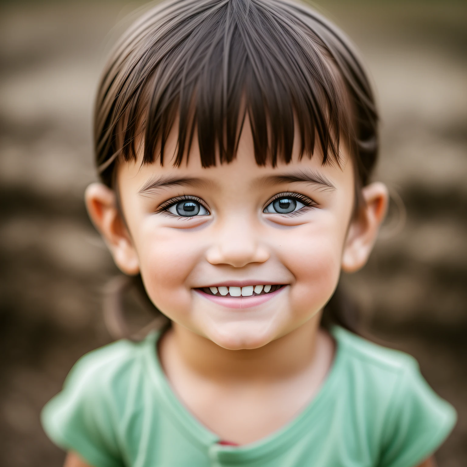 child, short black hair, brunette, brown eyes, close up, happy, face front, green background, hyper-realistic, best resolution, 4k, super realistic --auto