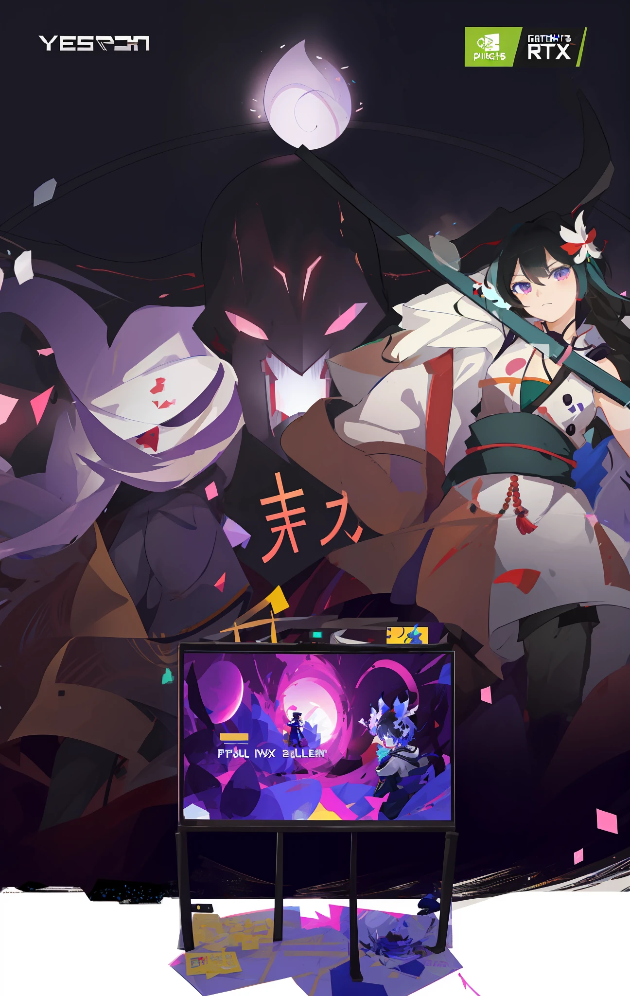 anime characters are playing a video game on a large screen, best anime 4k konachan wallpaper, ufotable art style, game art!!, anime style 4 k, onmyoji detailed art, style of duelyst, pixiv contest winner, onmyoji, zerochan art, from arknights, digital art on pixiv