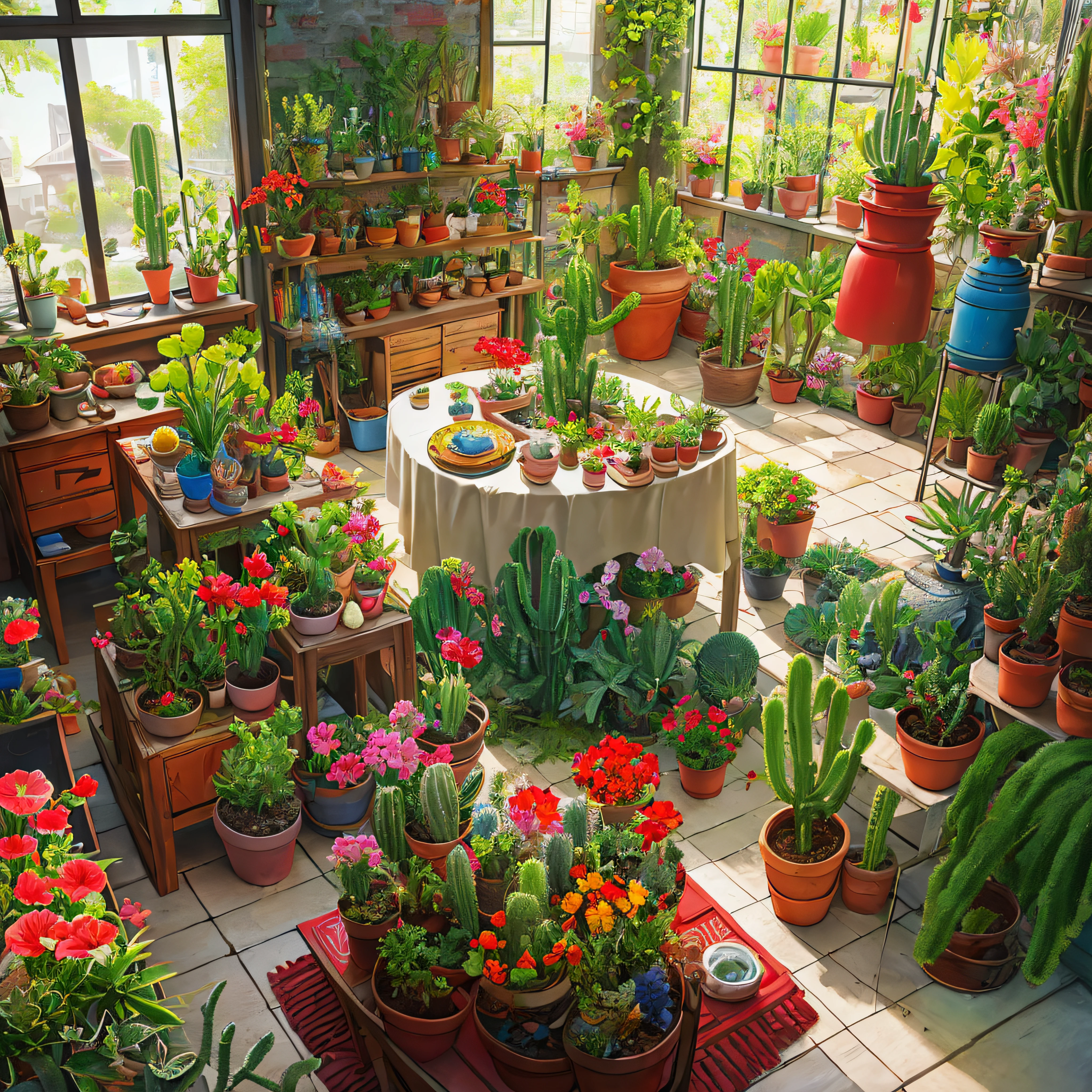 Realistic photo, vibrant colors, a large red vase with various species of cacti with colorful flowers, cacti, cactus colonies, morning light, cactus garden