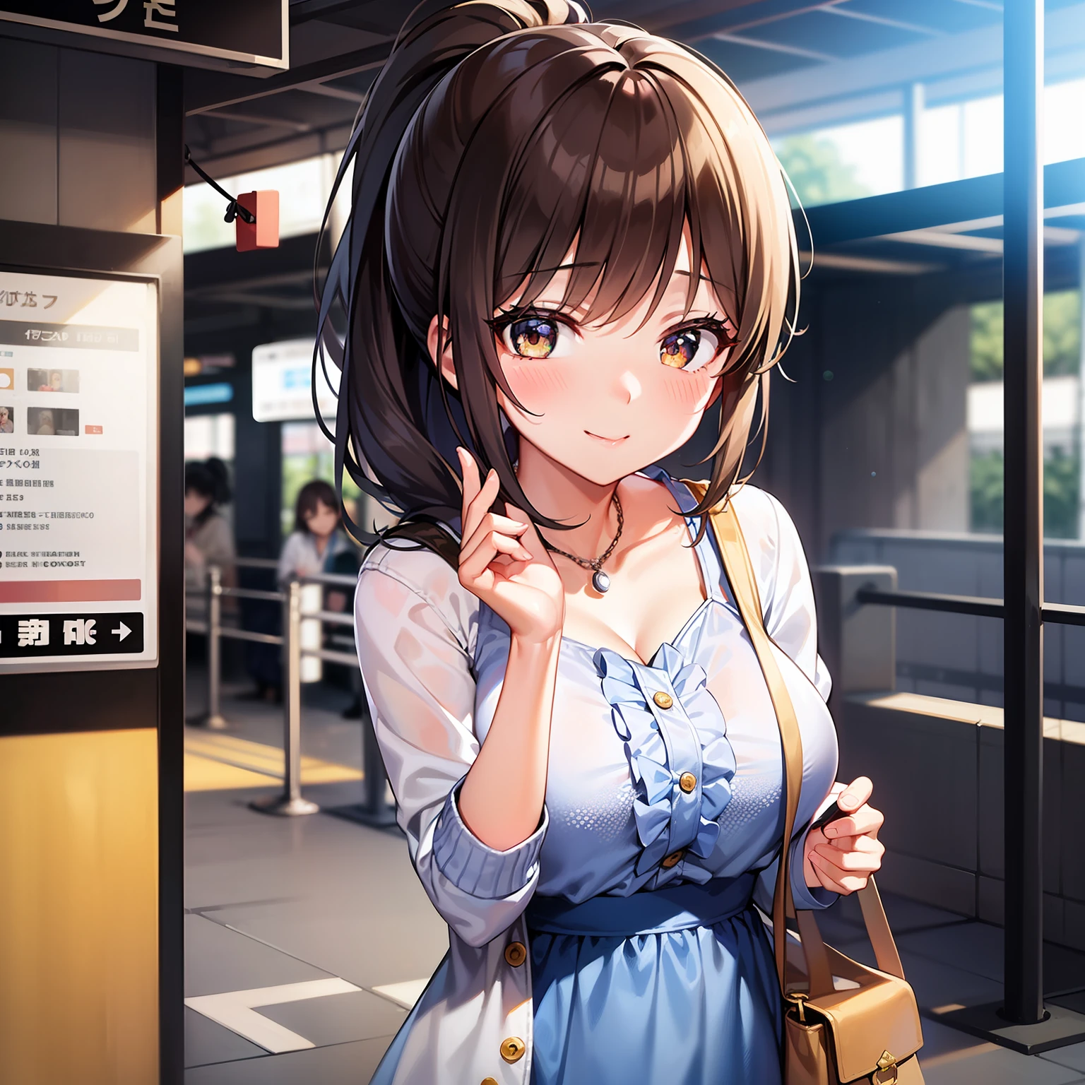 1girl, Inside modern Japan train station, in front of station ticket gate, waiting,cute 23 year old short girl in Japan, big breasts, baby face, brown hair, big ponytail, light blue dress with frills, white cardigan, tote bag, looking at camera, natural smile, blurring background, only one bag, small necklace