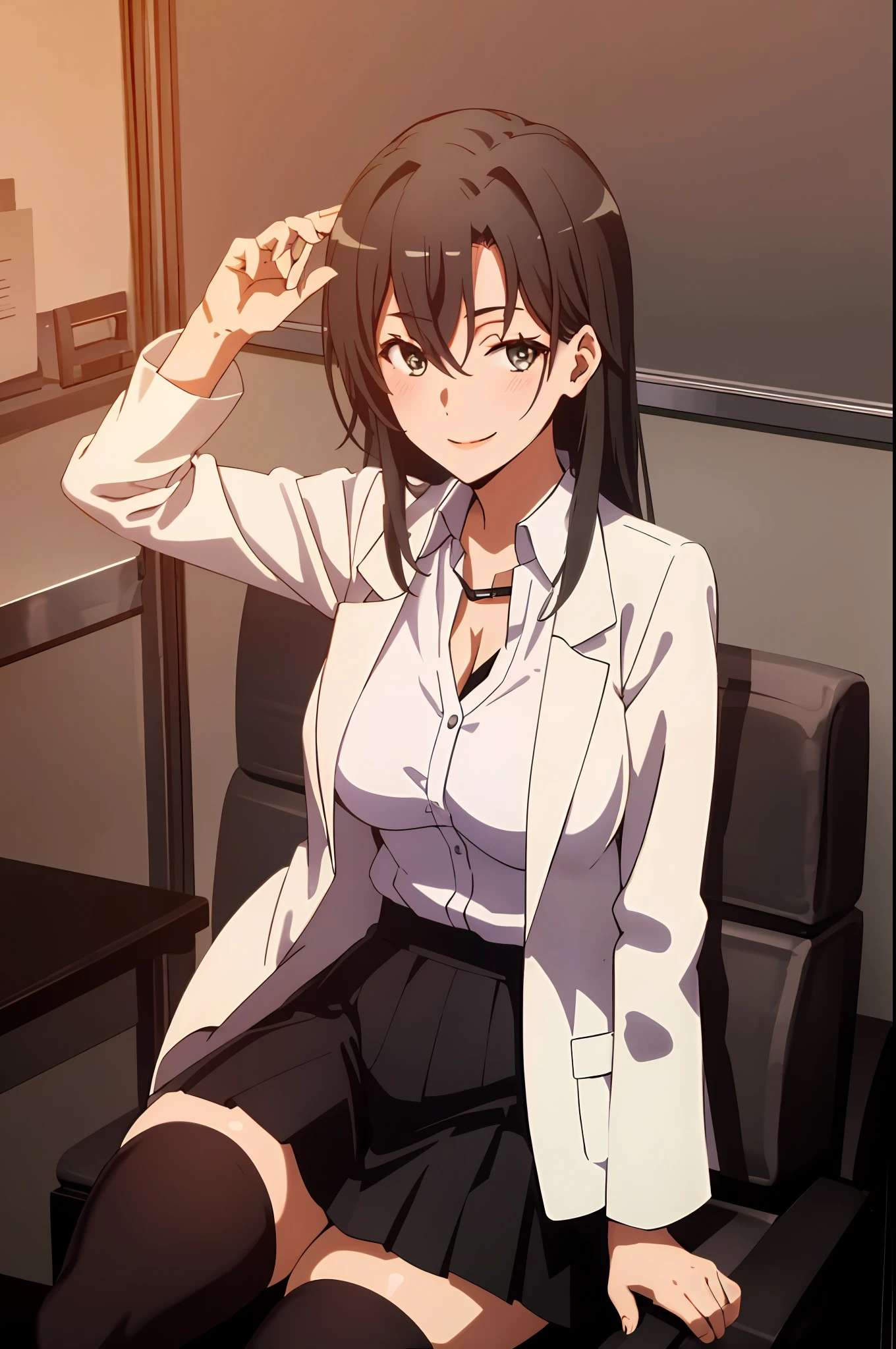 Shizuka Hiratsuka, 1girl, solo, ((white shirt)), black thighhighs, breasts, cleavage, uniform, office background, black skirt, pleated skirt, office, hair between eyes, large breasts, long hair, looking at viewer, black hair, solo, thighhighs, thighs, long hair, ((masterpiece)), sitting, chair, desk, computer on desk, name tag, id tag, indoor, blush, sexy pose, smile,