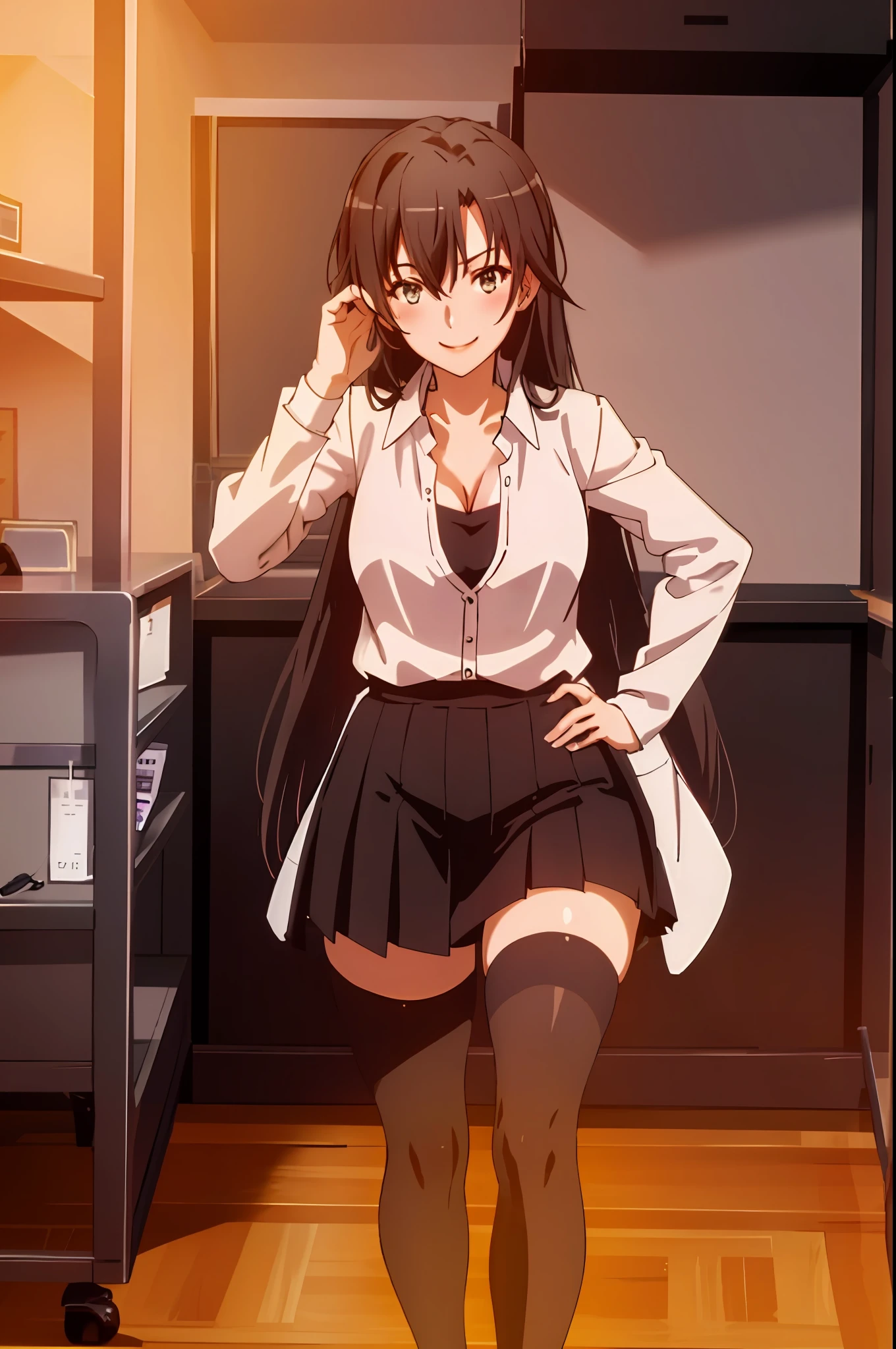 Shizuka Hiratsuka, 1girl, solo, ((white shirt)), black thighhighs, breasts, cleavage, uniform, office background, black skirt, pleated skirt, office, hair between eyes, large breasts, long hair, looking at viewer, black hair, solo, thighhighs, thighs, long hair, ((masterpiece)), sitting, chair, desk, computer on desk, name tag, id tag, indoor, blush, sexy pose, smile,