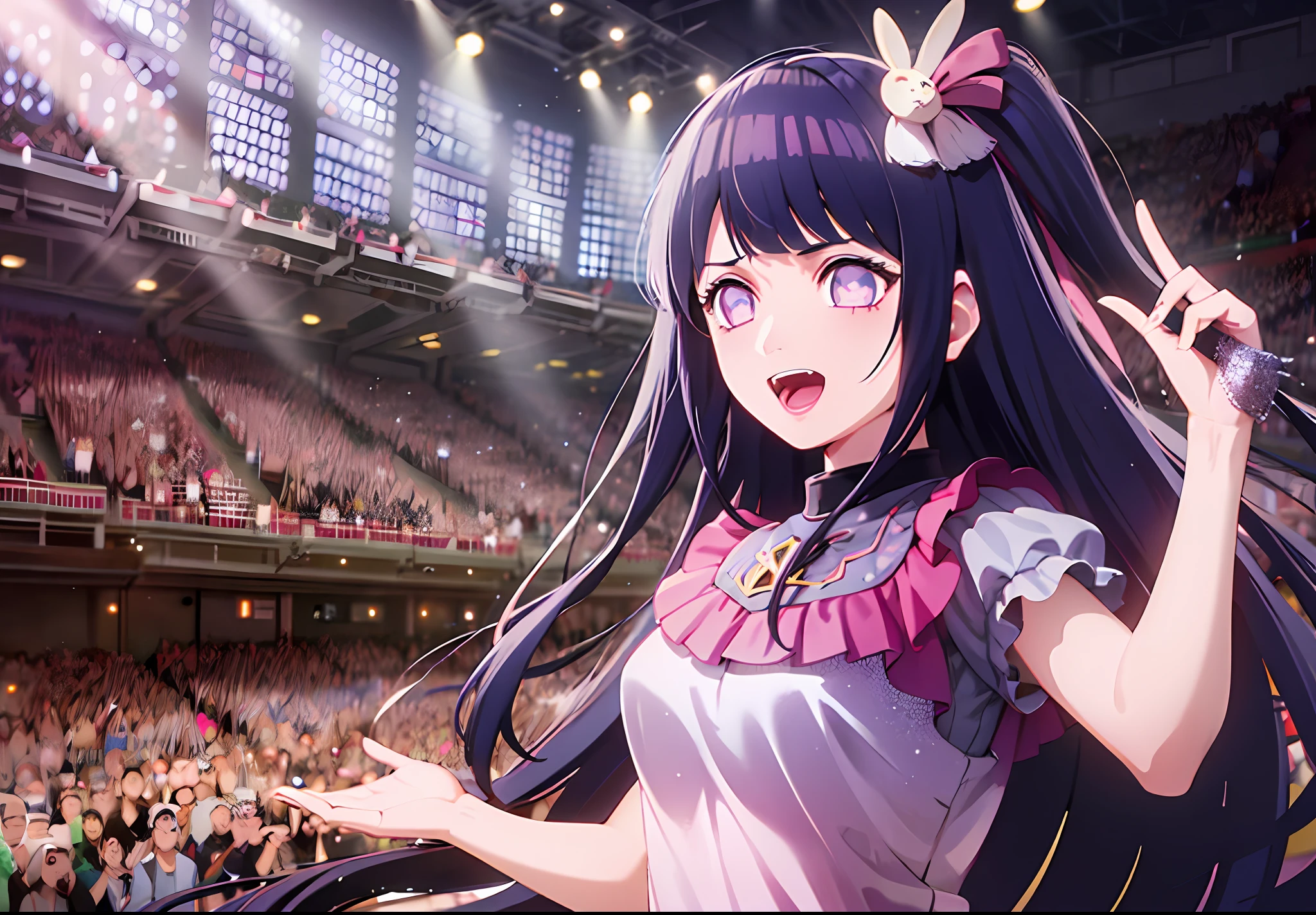 1girl, Hoshino Ai, long hair, dark blue hair ,purple eyes, hair ornament, blunt bangs, hinata hyuga as hoshino ai, (idol clothes:1.3), concert hall, singing