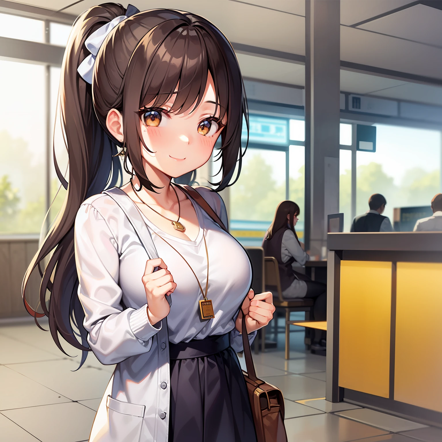 1girl, Modern Japan train station, in front of the station ticket gate, waiting,cute 23 year old short girl in Japan, Big breasts, Baby face, Brown hair, Big ponytail, Light blue pretty dress with frills, White cardigan, Tote bag, looking at camera, natural smile, blurring background, only one bag, small necklace