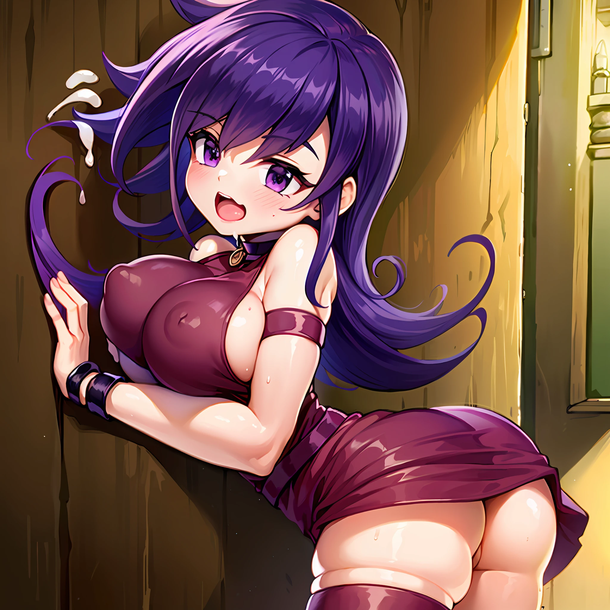 great anatomy, (viewed from side, in profile), 1girl:(against_wall cute kawaii _face athletic_teen bent_over ass bangs bare_shoulders belt full-face_blush choker curvy dark_red_dress purple_eyes fingerless_gloves sleeveless jewelry covered_erect_nipples large_breasts sideboob long_hair wavy_hair purple_eyes purple_hair solo_focus bicep_strap thigh_strap tasogare_mimi), hands pressed against wall