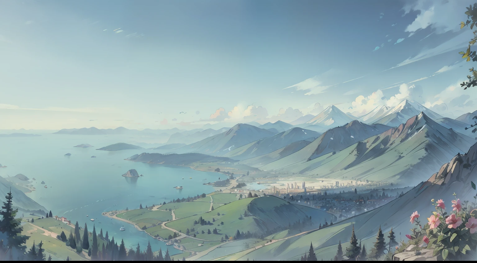 Summer day, mountain peak, town and sea view below