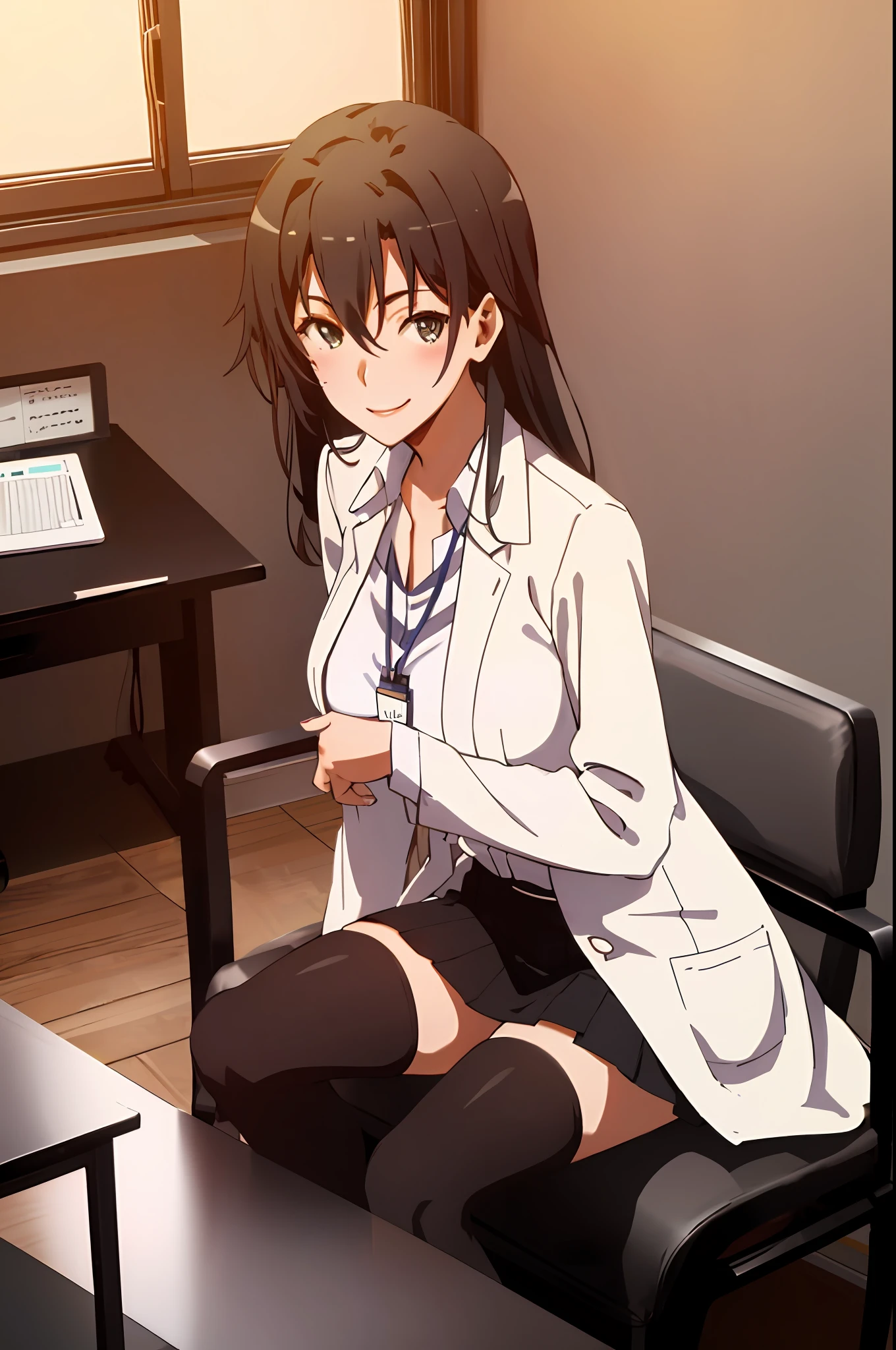 Shizuka Hiratsuka, 1girl, solo, ((white shirt)), black thighhighs, breasts, cleavage, uniform, office background, black skirt, pleated skirt, office, hair between eyes, large breasts, long hair, looking at viewer, black hair, solo, thighhighs, thighs, long hair, ((masterpiece)), sitting, chair, desk, computer on desk, name tag, id tag, indoor, blush, sexy pose, smile,