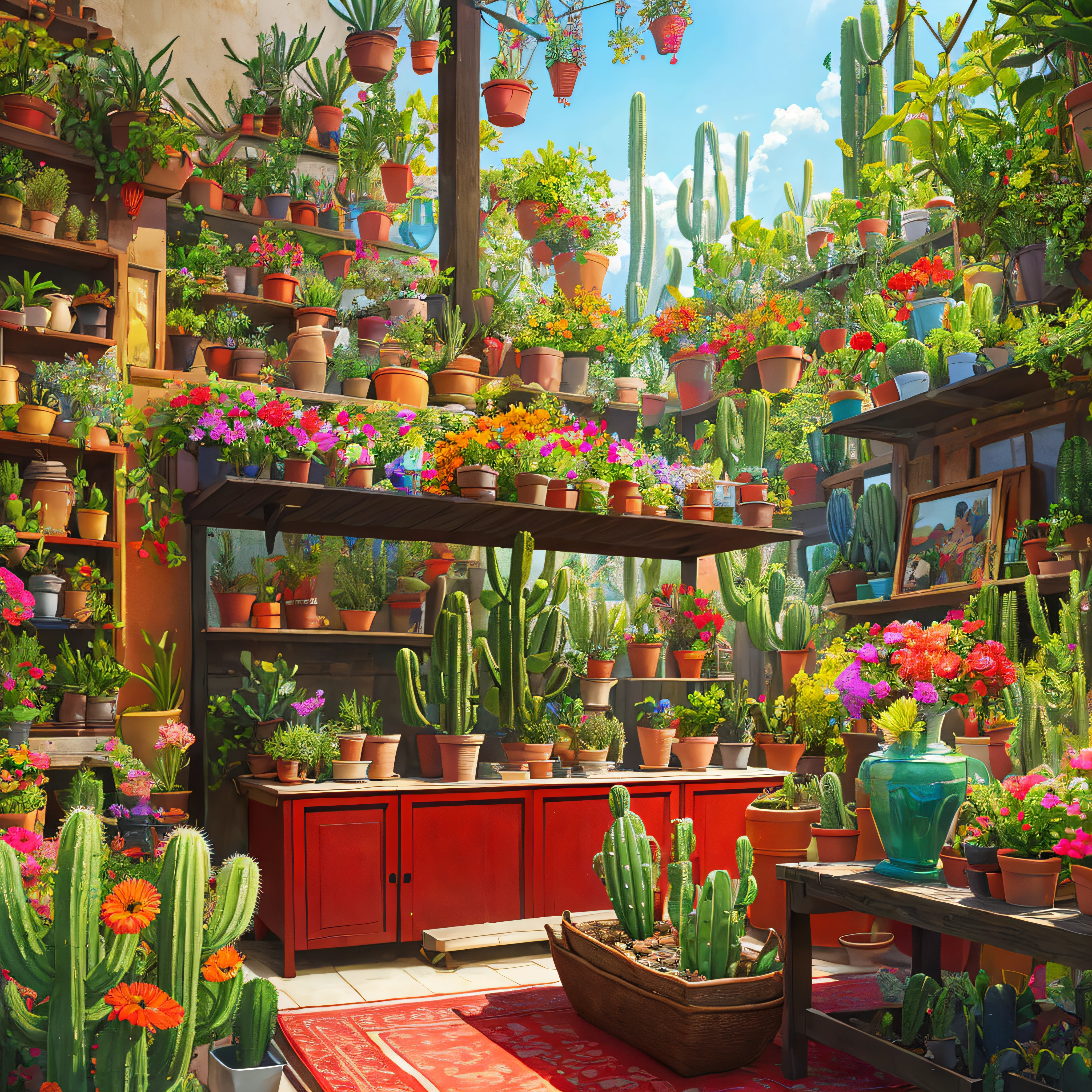 Realistic photo, vibrant colors, a large red vase with various species of cacti with colorful flowers, cacti, cactus colonies, morning light, cactus garden