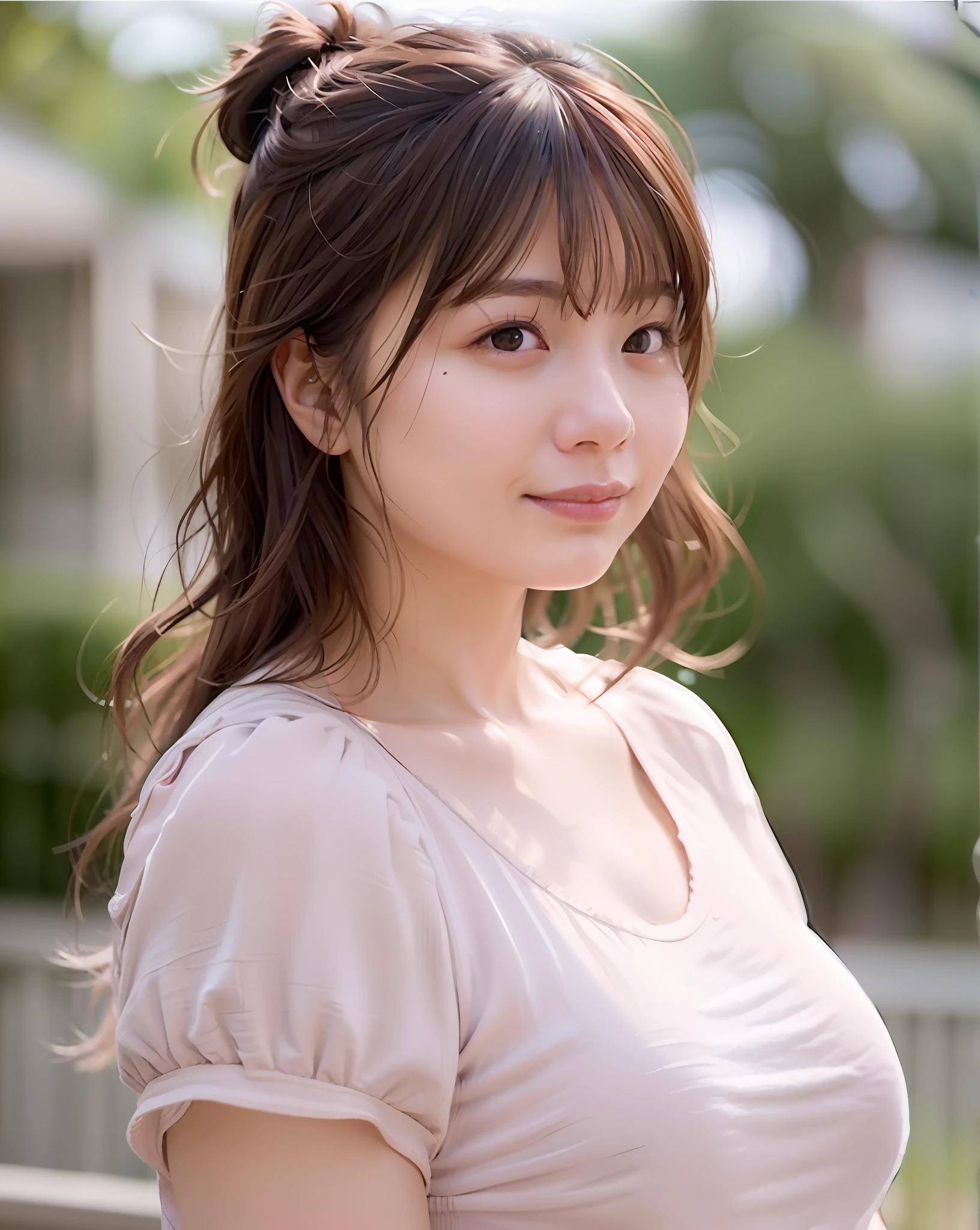 Top Quality, 1 Girl, (), (Big), (Sun), Bright, Blurred Background, Outdoors, (Street: 0.6), (People, Crowd: 1), (Braided Bangs, Wavy Hair: 1.5), (White Camisole 1.8), (White See-through Shirt: 1.8), Gorgeous (Floating Hair: 1.5), (Dynamic Pose: 1.8), Soft Lighting, Wind