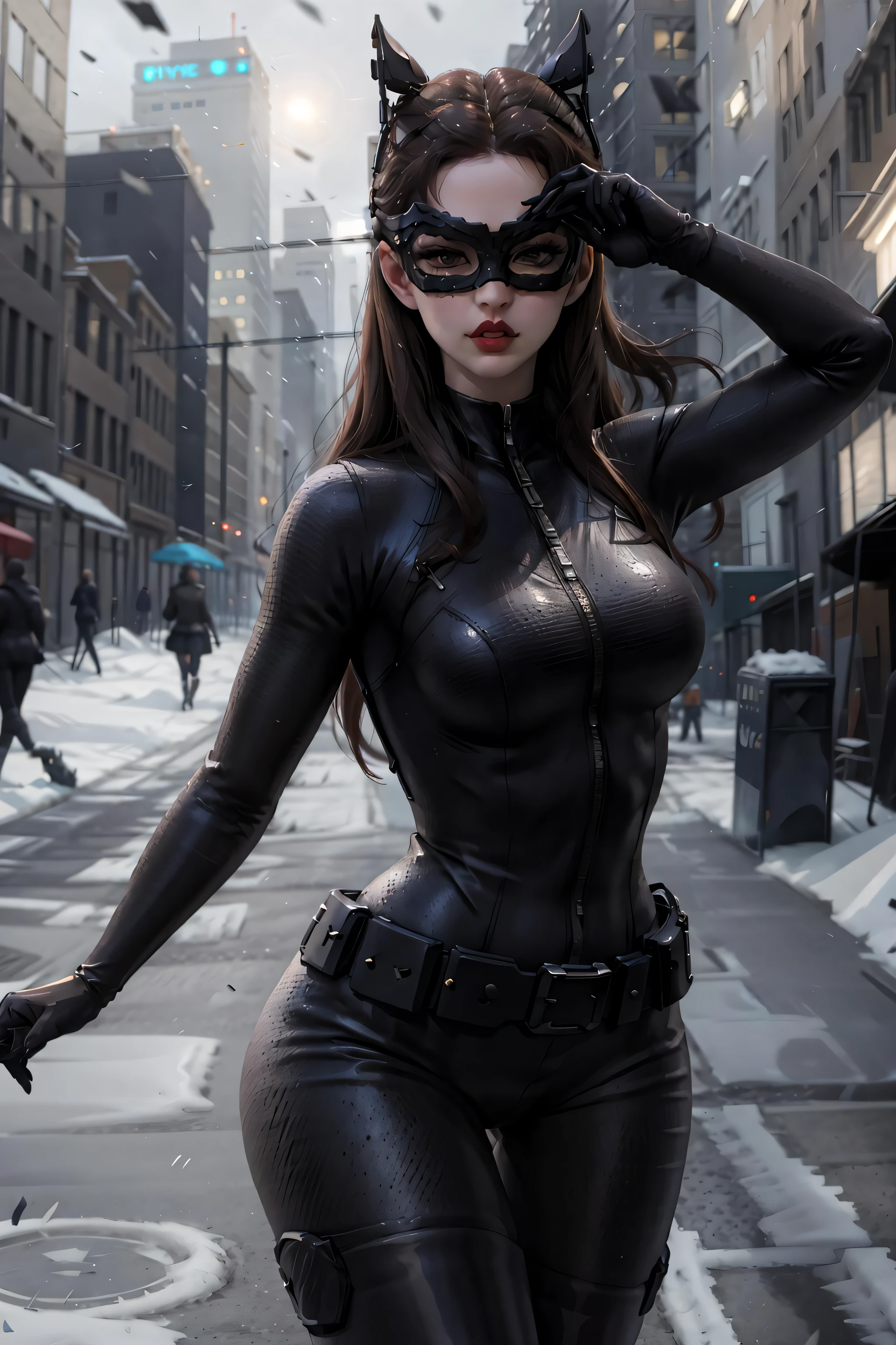 selina kyle, wearing futuristic googles, masterpiece, best quality, 1girl, large breasts, wide hips, city, daylight, destruction.