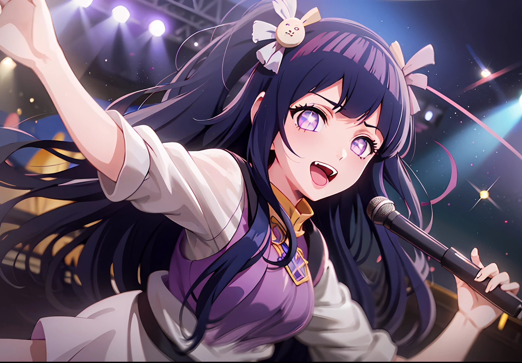 1girl, Hoshino Ai, long hair, dark blue hair ,purple eyes, hair ornament, blunt bangs, hinata hyuga as hoshino ai, (idol clothes:1.3), concert hall, singing