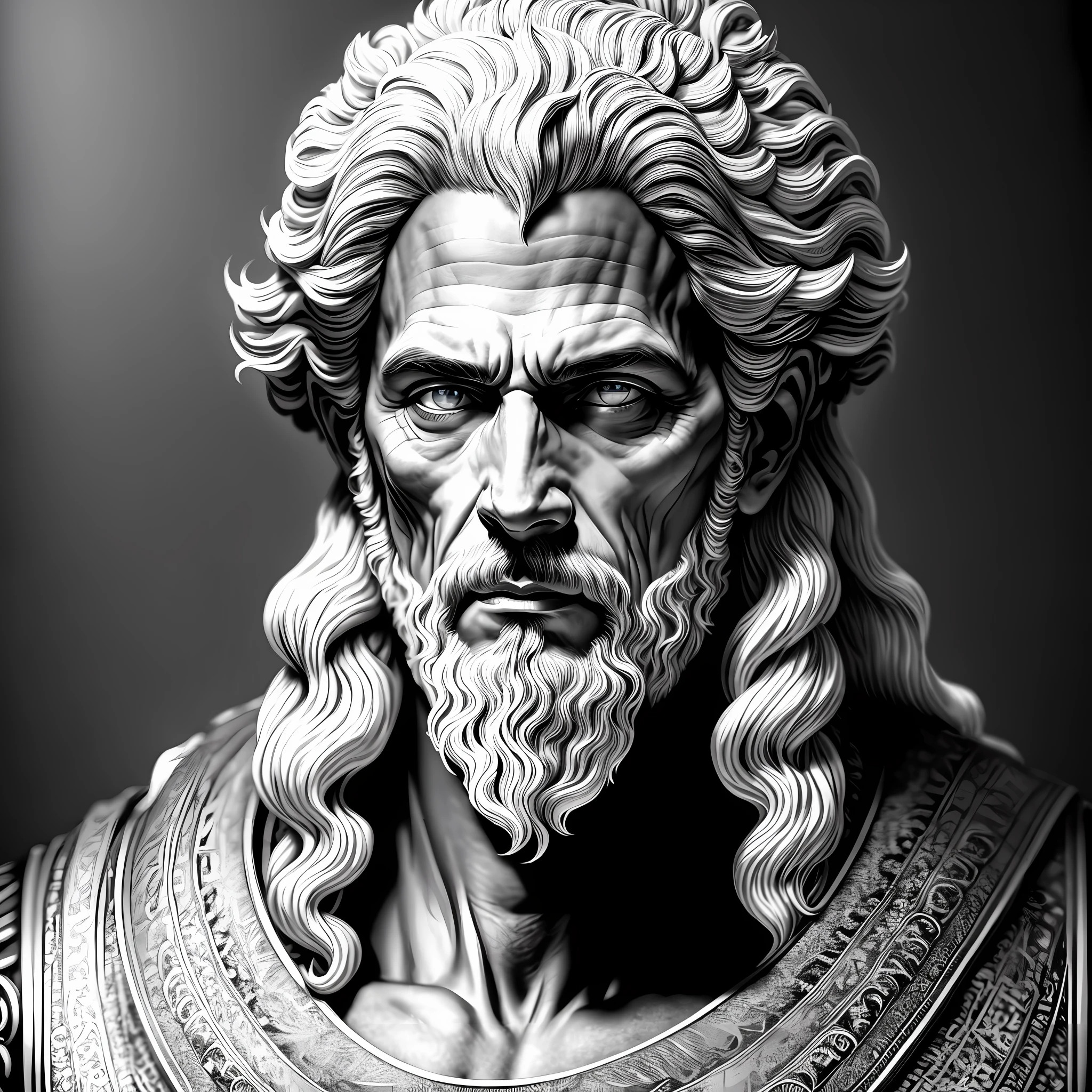 Generate a 4K image of high quality epictet, incredible details, dramatic scene, highlighting the face of Epictetus, well-defined hair and beard, serious expression, soft lighting, blurred background, shades of black and white, Renaissance style, realistic details. --auto