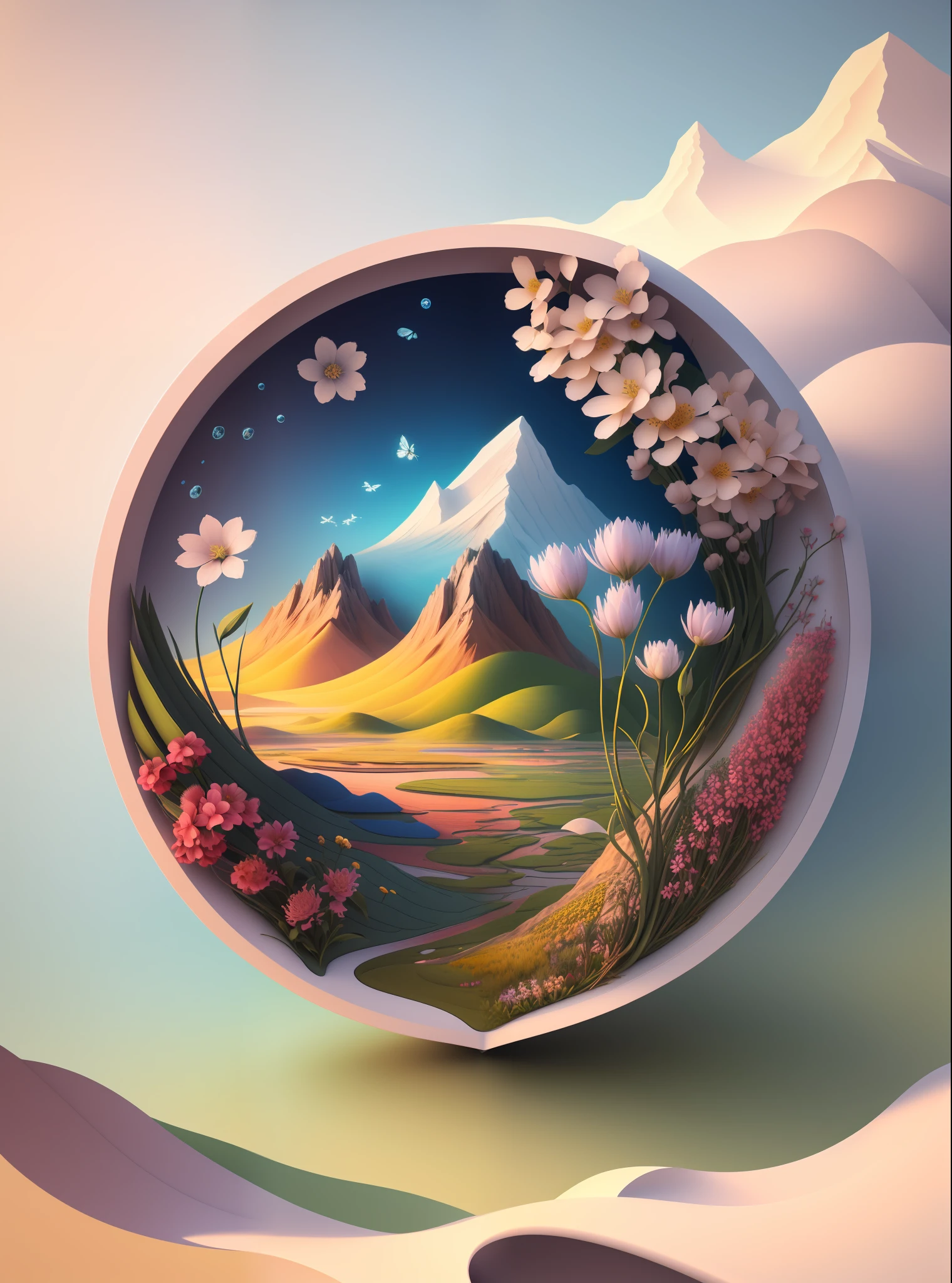 Natural and organic depictions of vast landscapes, sky and steppe, Kelsang flowers in bloom, featuring earth tones and botanical motifs, extracting connections to nature and the environment, influenced by botanical illustrations or environmental art, Softlight, (warm color: 1.15), best quality exquisite details, 3d rendering, Octane render, pastel,