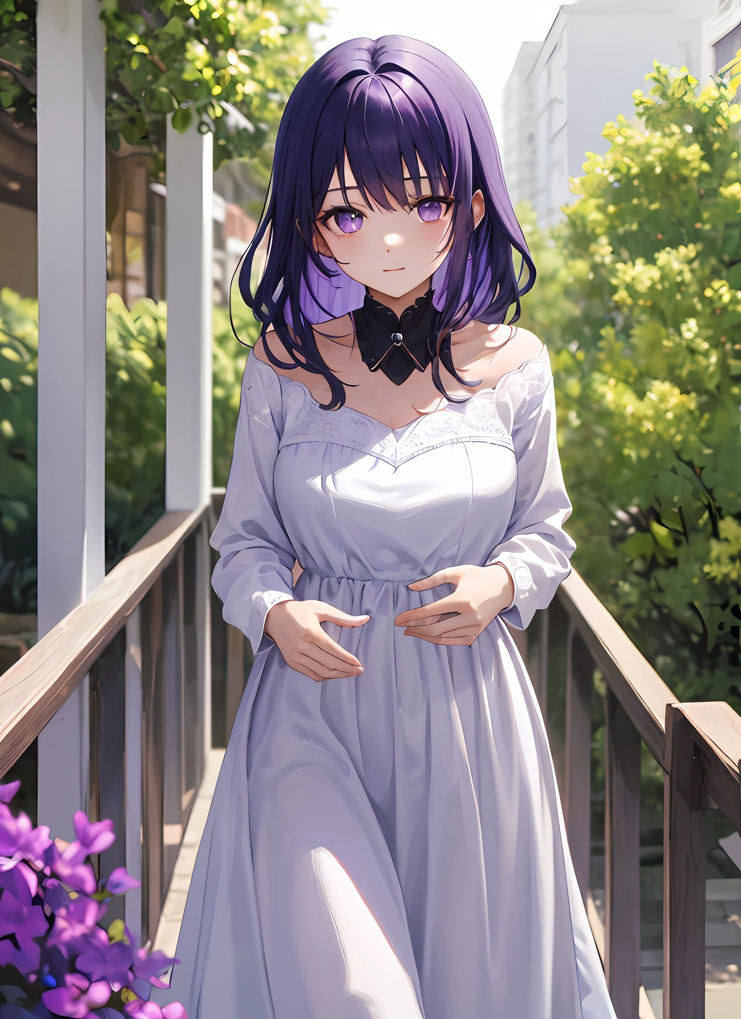 Best Quality, Masterpiece, Female, Good, Funny, Cute, Beautiful, Caring, Shy, Love myself with all my heart, Purple Hair, Purple eyes, Wear purplish white dress, very loyal to me