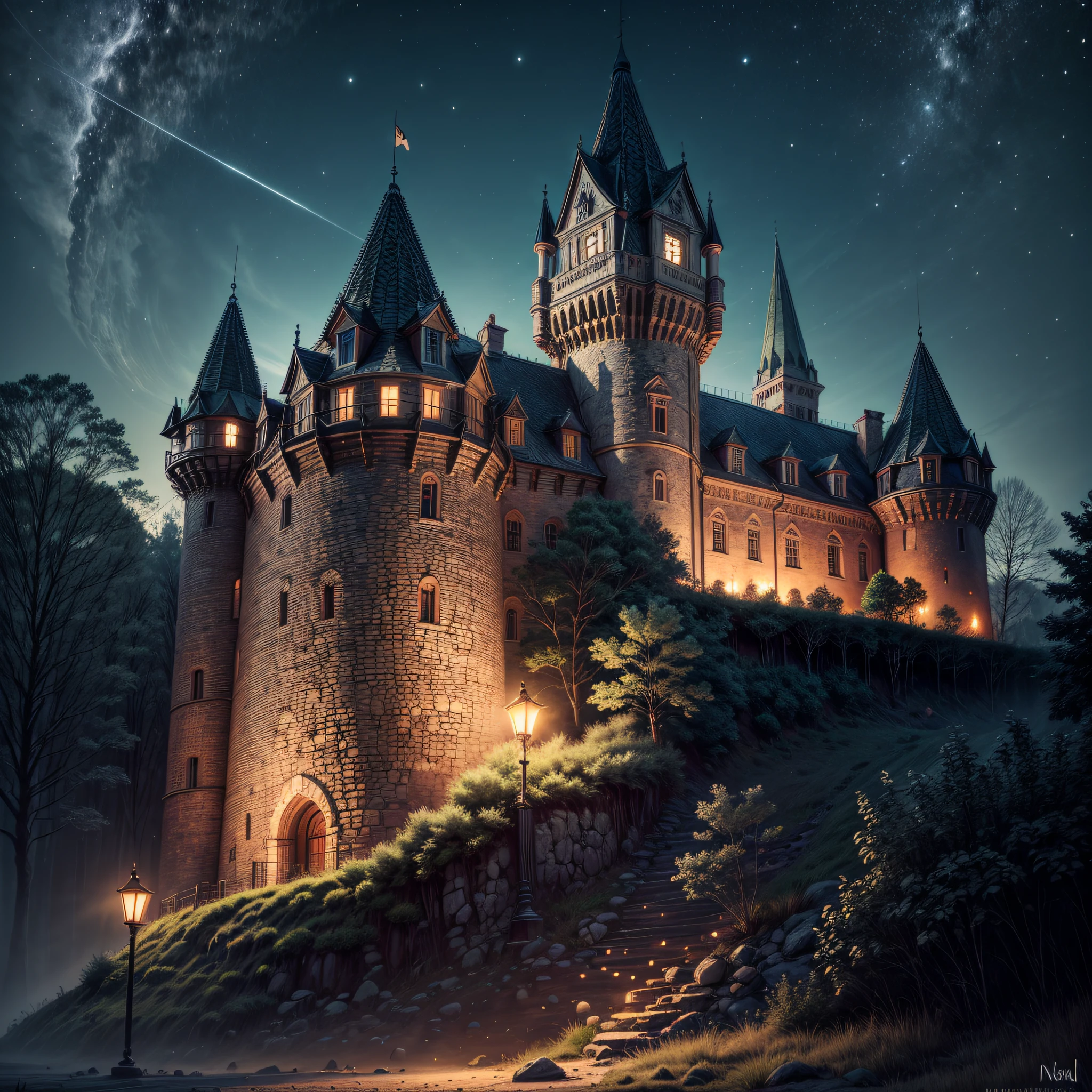 A medieval castle on a hill, surrounded by a dense forest, ((night):1.3), high details, masterpiece
