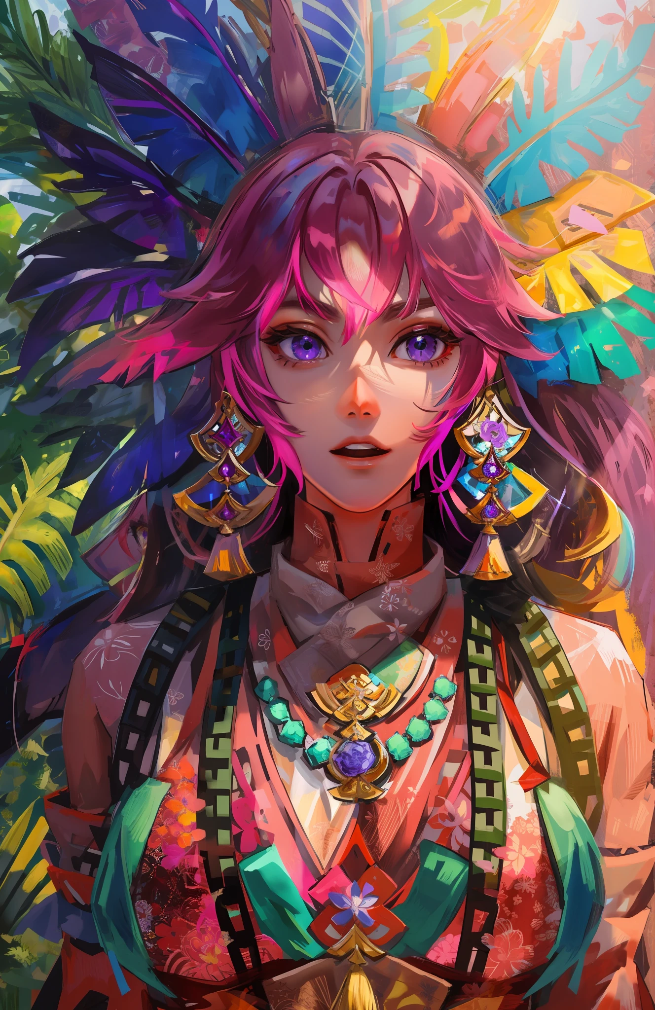 pink hair, yae miko , purple eyes, green shirt , white skin