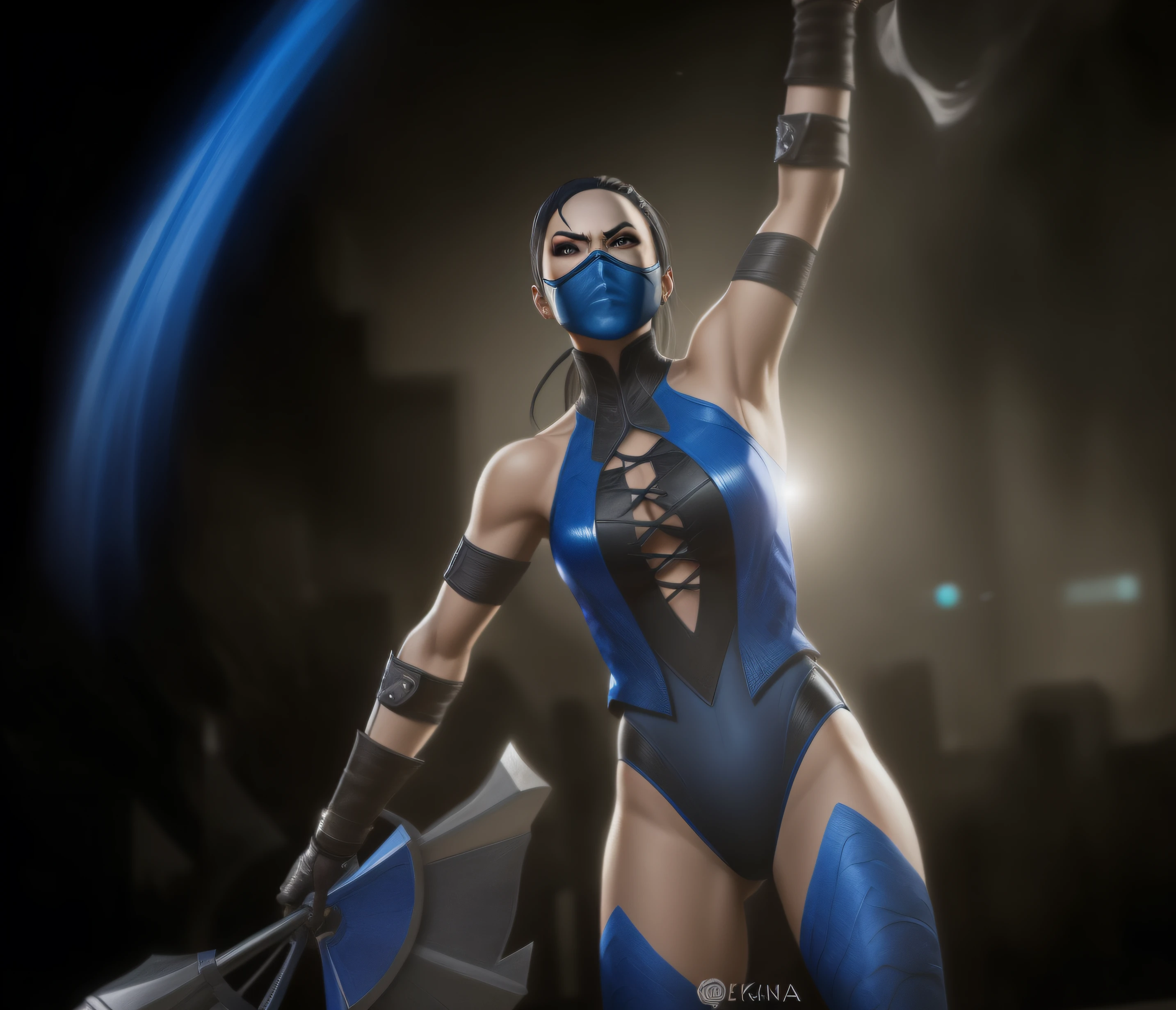 Kitana from Mortal Kombat, in blue mask, blue and black high cut leotard, swinging steel combat fans, realistic art style, intricate details