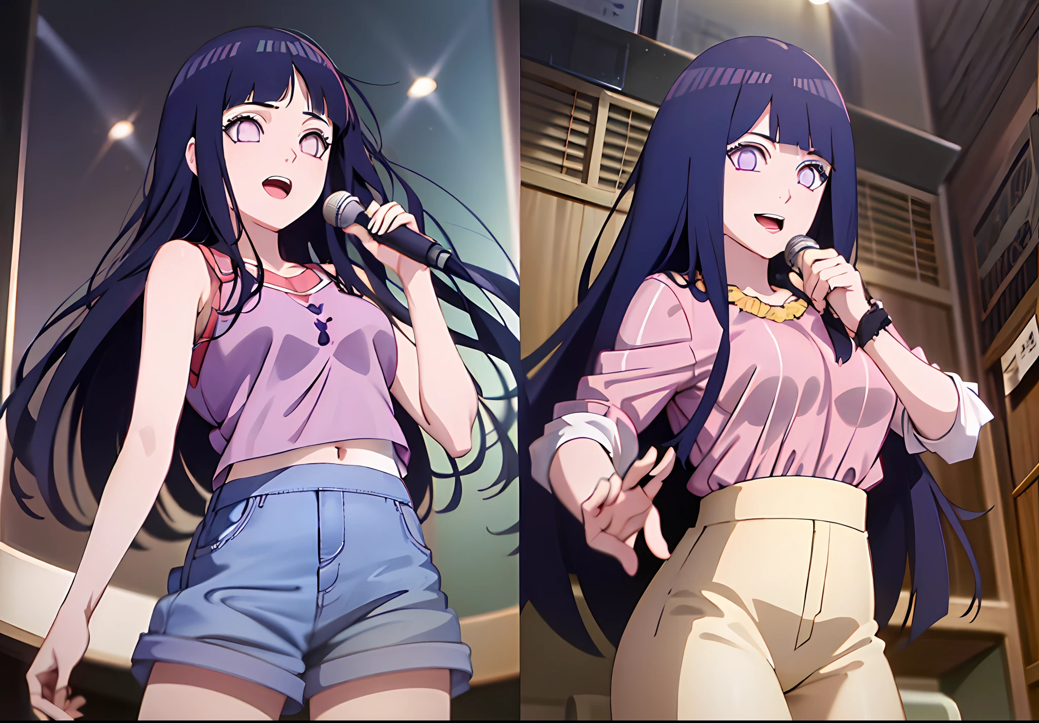 1girl, Hoshino Ai, long hair, dark blue hair ,purple eyes, hair ornament, blunt bangs, hinata hyuga as hoshino ai, (idol clothes:1.3), concert hall, singing