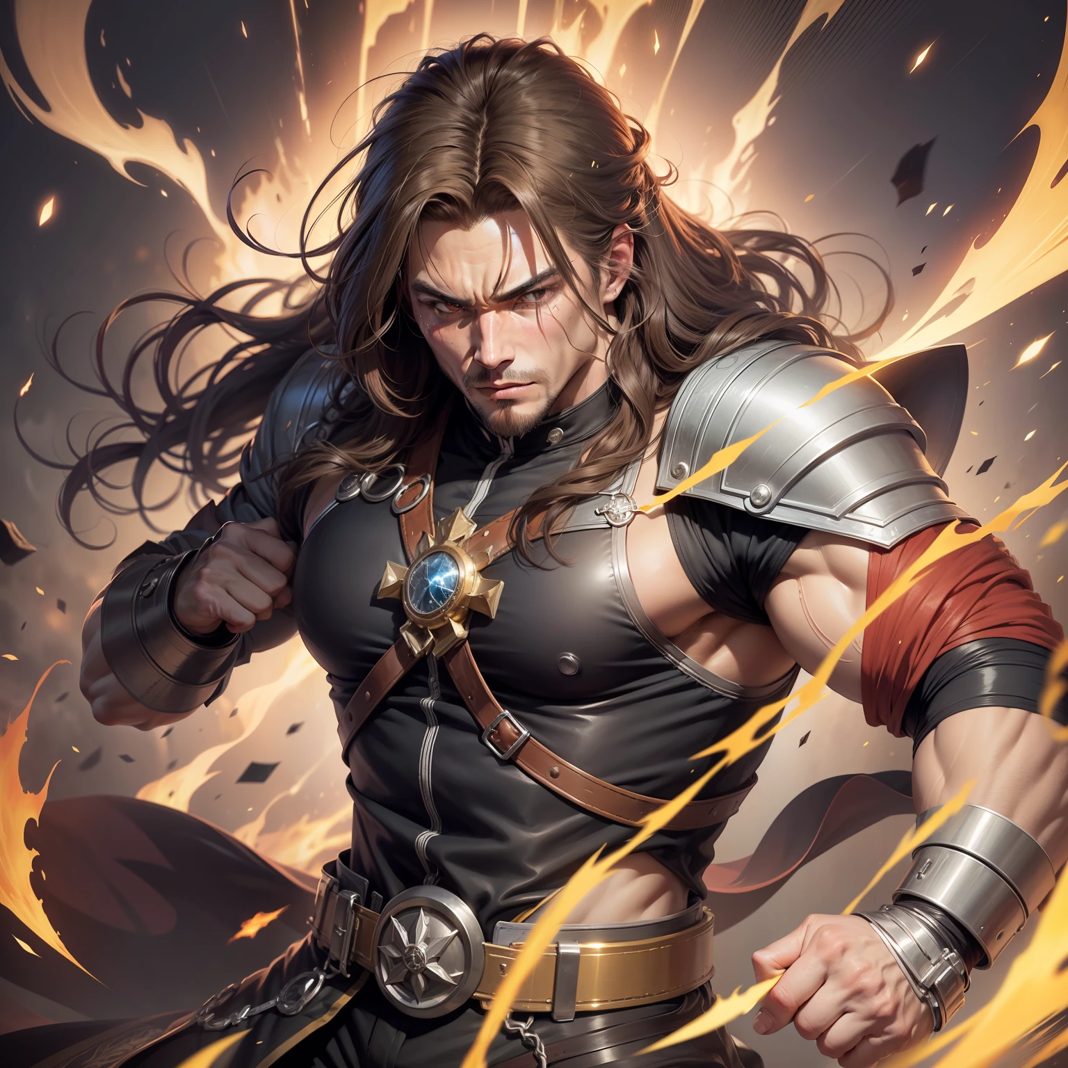 Realistic image of a handsome, strong man, long brown hair, brown eyes, anime-style art, dressed in black alchemist-style costumes with a black blouse underneath, panting, injured left eye, combat posture, burning fists, bandages around the arms, aura of energy around the body