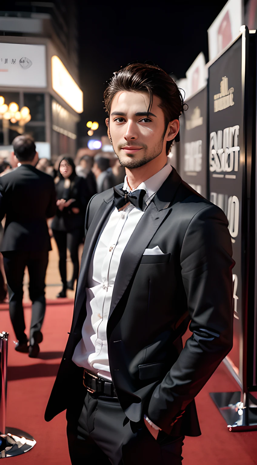 (head shot), (one man), ( French handsome muscular man in his 30's ) , (wearing men's bikini swimsuit), handsome gentleman in a tuxedo, standing on the red carpet at the Academy Awards , mischievous smile, (small details: 1 in 1), natural muscles, higher quality, beautiful eye, (Detailed face and eyes), (face、: 1 of 2), noise, real pictures、... ...PSD, Sharp Focus, High Resolution 8k, Real & Professional Photography, 8K UHD, Soft Lighting, High Quality, Film Grain, FUJIFILM XT3