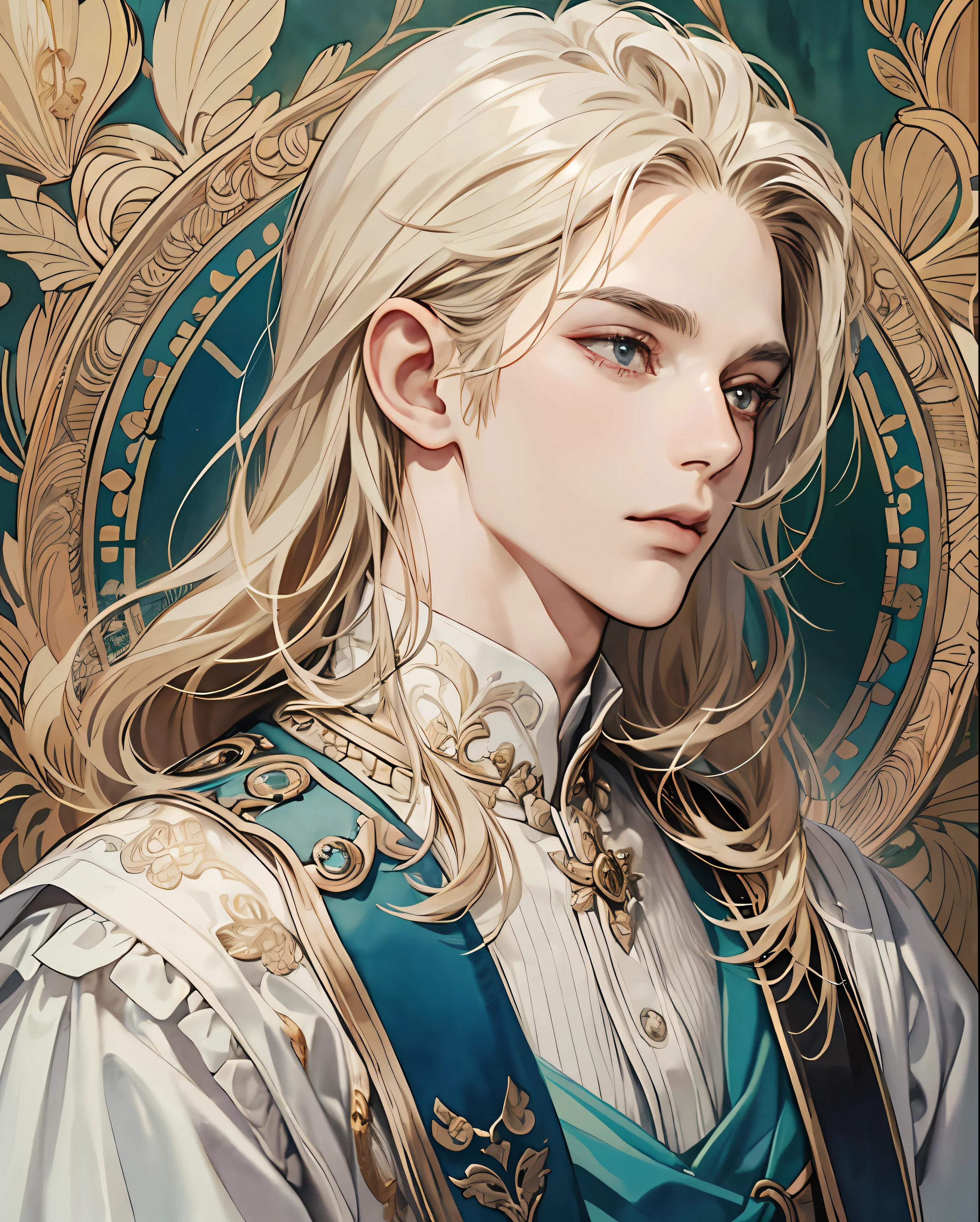 (extremely delicate and beautiful, watercolor (average), official art, beautiful and aesthetic:1.2), (fractal art: 1,3), 8k,(masterpiece:1.0),(best_quality:1.0), 1 man, man, complex details, enlarged textures, complex details, finely detailed eyes and detailed face, intricate details, man with golden hair, royal appearance, royal clothes, (closed mouth), perfect eyes, equal eyes, elegant and noble, magical aura, liquid, cloud, colorful, scales, delicate, (god) majestic expression, man