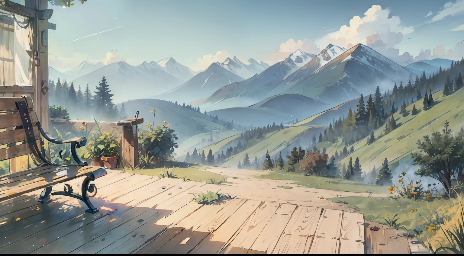 Mountain top, summer day, smartphone on wooden bench