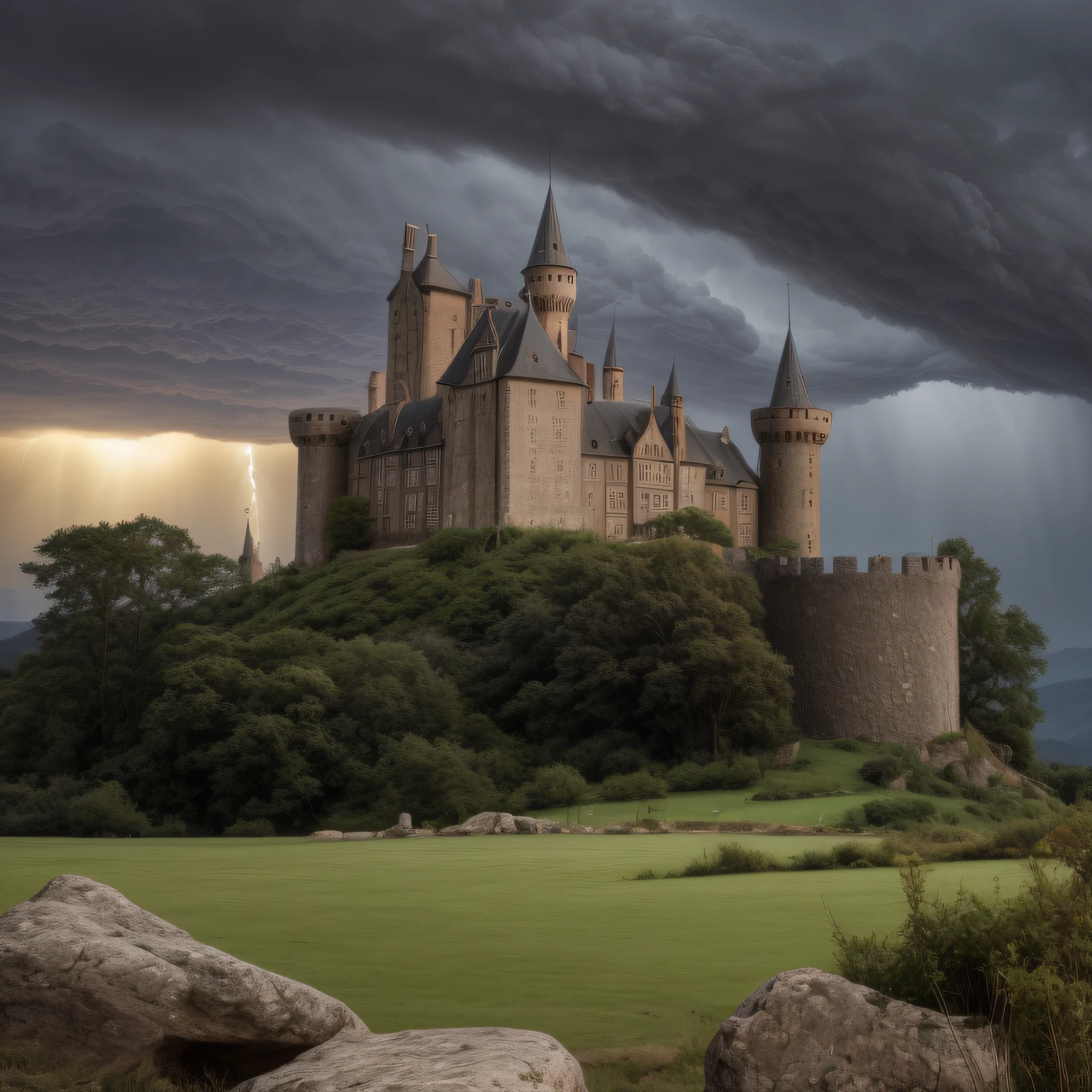 Please create an image of an imposing medieval castle, perched on top of a stone mountain. The sky is stormy, with dark clouds and lightning illuminating the horizon. The scene conveys a sense of mystery and grandeur, with the castle standing out against the gloomy backdrop. The architectural details of the castle, such as towers and battlements, are visible, and the outlines of the surrounding mountains and rocks provide a sense of solidity and grandeur. Please capture the dramatic and powerful atmosphere of this medieval setting.
