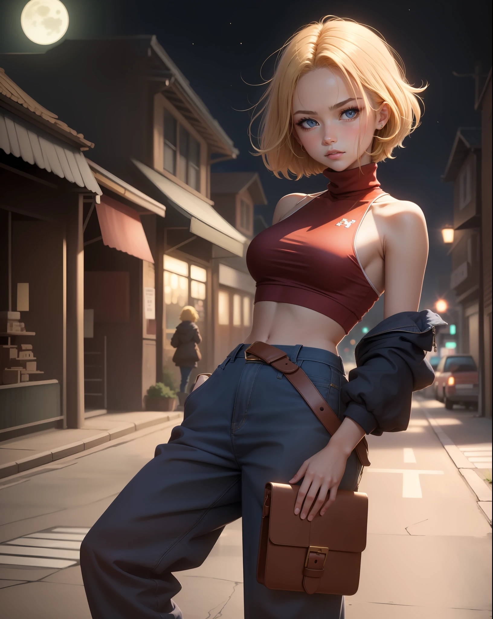 masterpiece, best quality, 1girl, MaryMS, turtleneck top, baggy pants, 70's anime style, night town