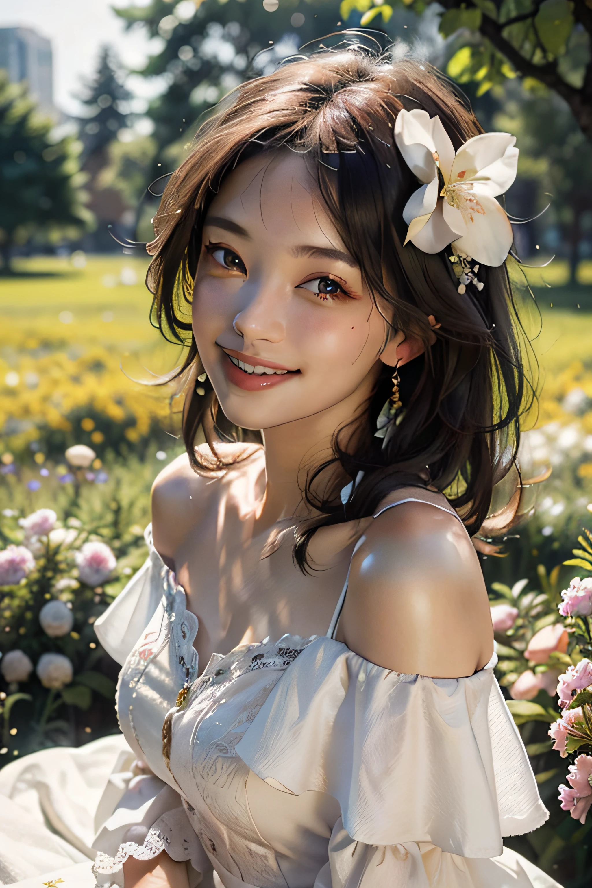 Best quality, masterpiece, ultra high res, (photorealistic:1.4), raw photo, 1girl, white dress, off shoulder, blossom flower field, glowing skin, light smile