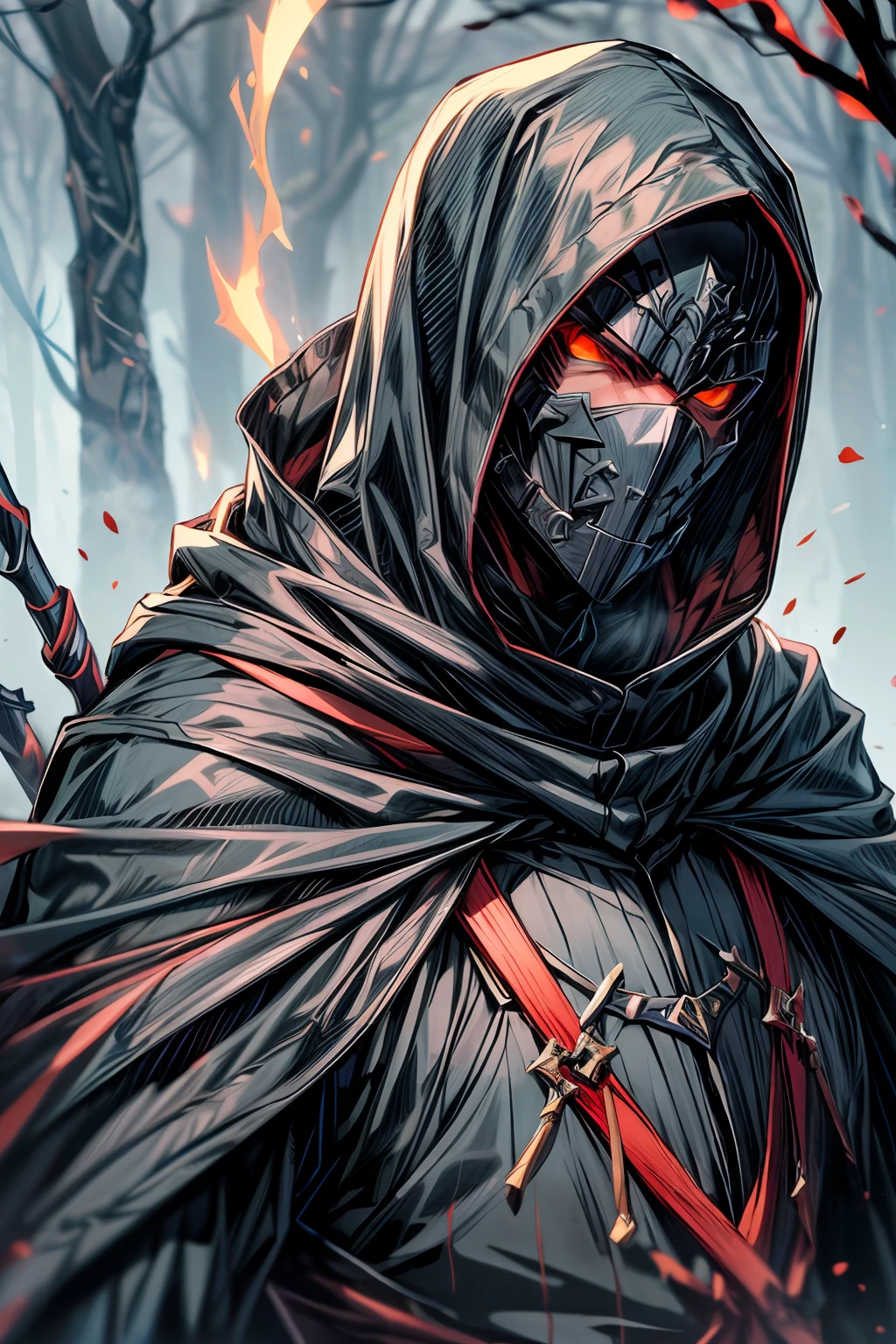 Imagine a completely haunting scene where a shadowy archer stands out. He is dressed in an all-black outfit that covers his body completely, wrapping him in a cloak of shadows. The outfit is sinister and mysterious, emanating a haunting aura that envelops the archer entirely.

Over his face, the archer wears a cloth mask that completely conceals his features. The dark fabric hides any human trait, leaving a mystery about its true nature. Behind the mask, his eyes glow an intense and terrifying red, conveying a dark and menacing power.

An imposing bow and arrow rests on the archer's back, as if they were part of his own dark essence. The bow is refined and has a menacing aspect, while the arrows are ready to be fired with deadly precision.

Around the archer, a dark and frightening scenario unfolds. Twisted, sinister trees cast ominous shadows, while dense fog permeates the environment, concealing dark secrets.

This image depicts an archer of a completely haunting nature. His black clothing covers his entire body, and a cloth mask hides his face, leaving a mystery about his true identity. His red, terrifying eyes glow behind the mask, conveying a sense of impending danger. The bow and arrow on his back represent his lethal ability, ready to be employed against any enemy. Please create a work of art that captures the essence of this description, highlighting the creepy and dark aspect of the archer.