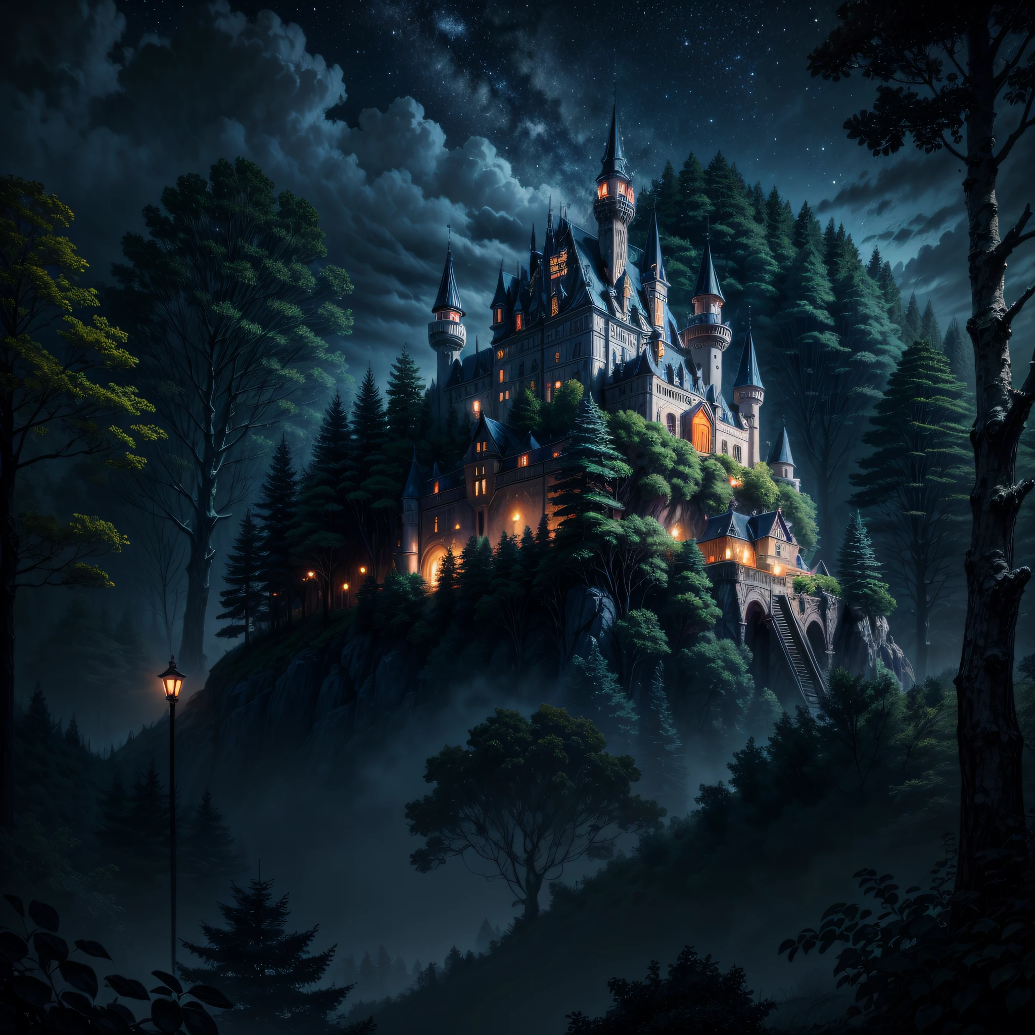 A medieval castle on a hill, surrounded by a dense forest, ((night):1.3), high details, masterpiece
