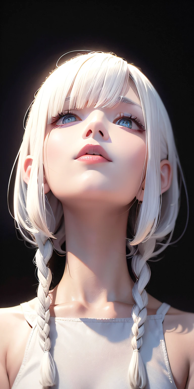 best quality, masterpiece,white hair, gold eyes,white clothes, looking up, upper body,hair strand,Fair skin,side braids