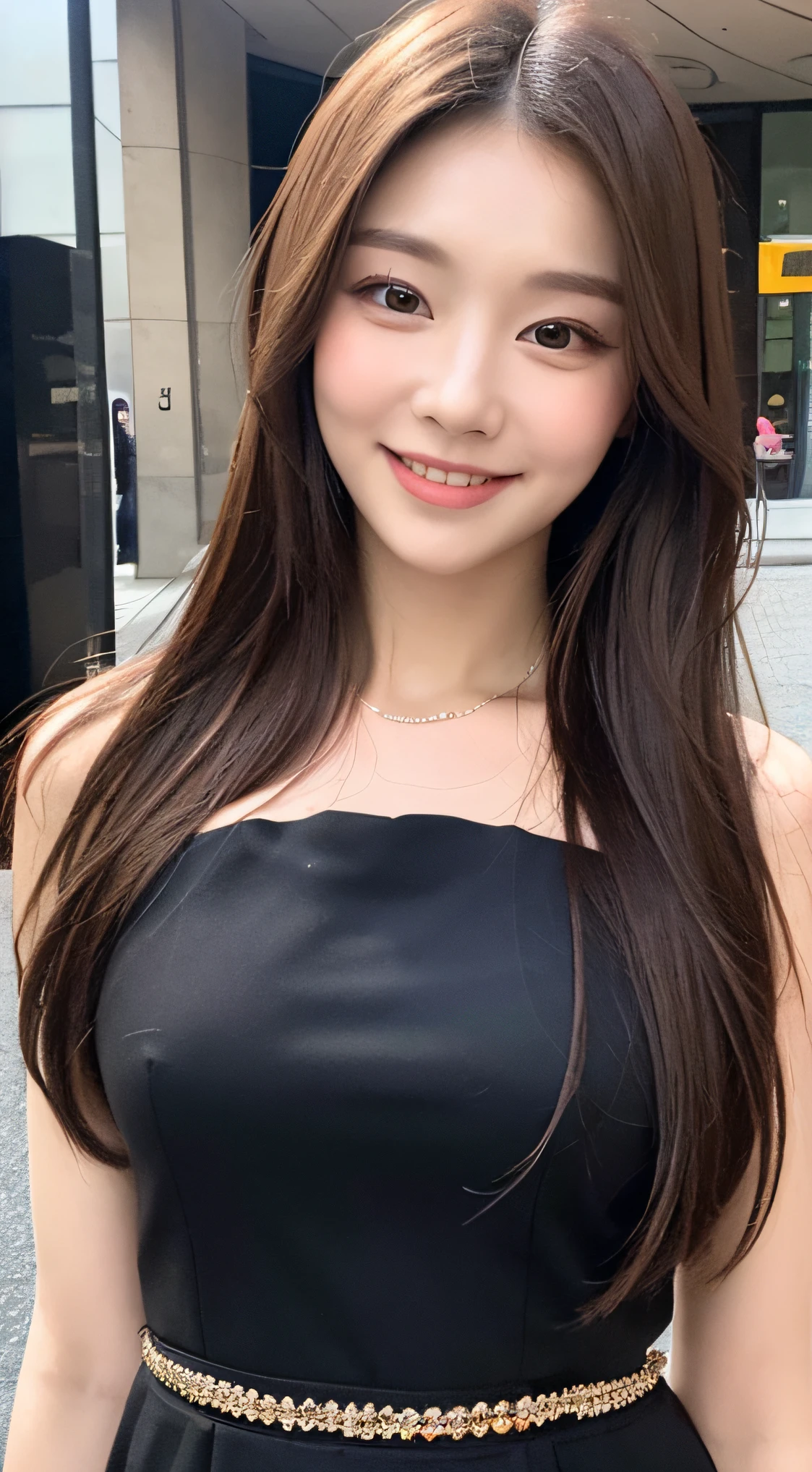 ((Best quality, 8k, Masterpiece :1.3)), 1girl, smiling, full body, slim face, Pretty woman, (Dark brown hair), full length dress :1.1, Ultra-detailed face, Detailed eyes, Double eyelid, blur background, slim face, city, outside, street,