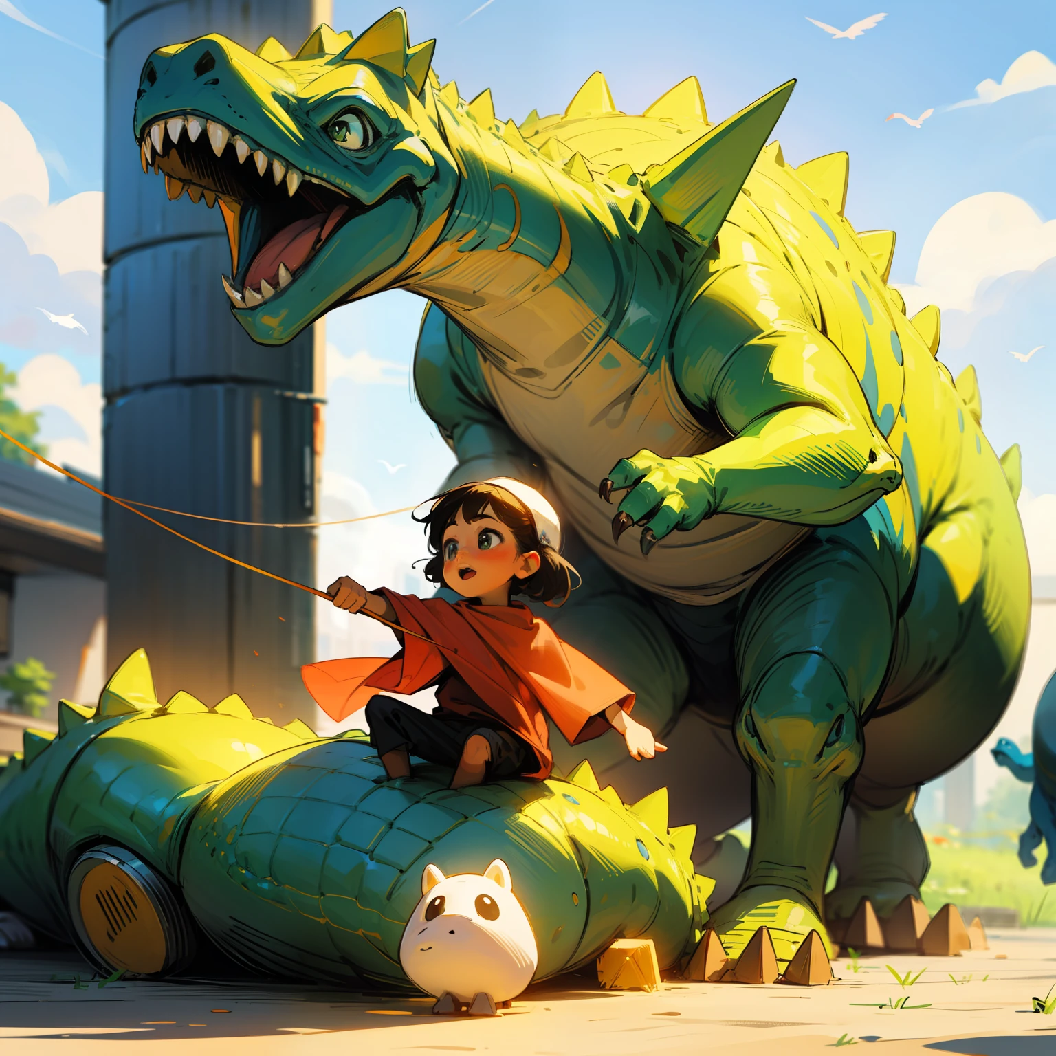 Create a dinosaur playing with a child, high definition, cute --auto