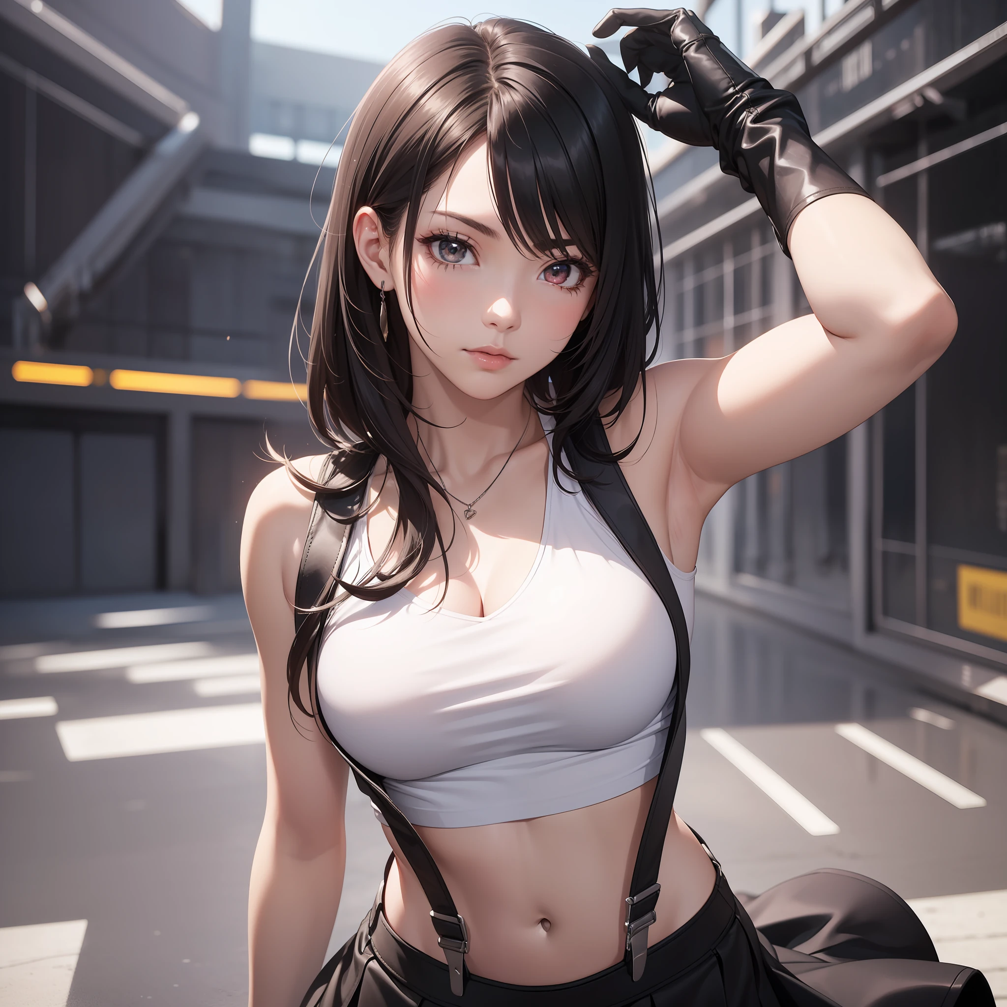 8k,masterpiece, bset quality,big, (1 girl), tifa lockhart, red_eyes, black hair, long hair, professional lighting, (shiny skin: 1.2), shiny big, ((best quality)), sharp focus: 1.2, highly detailed face and skin texture, detailed eyes, perfect face, perfect body, blur art, cg, background, Big with presence, 20yo, mature cool and beautiful face, worn ((Suspender Black Skirt), Black Elbow Gloves, White Taut Shirt, Tsi-Hi, White Tank Top), Blushing, Dynamic Pose, (Mittgal), Floating Hair, Random Pose ((Short Hair))