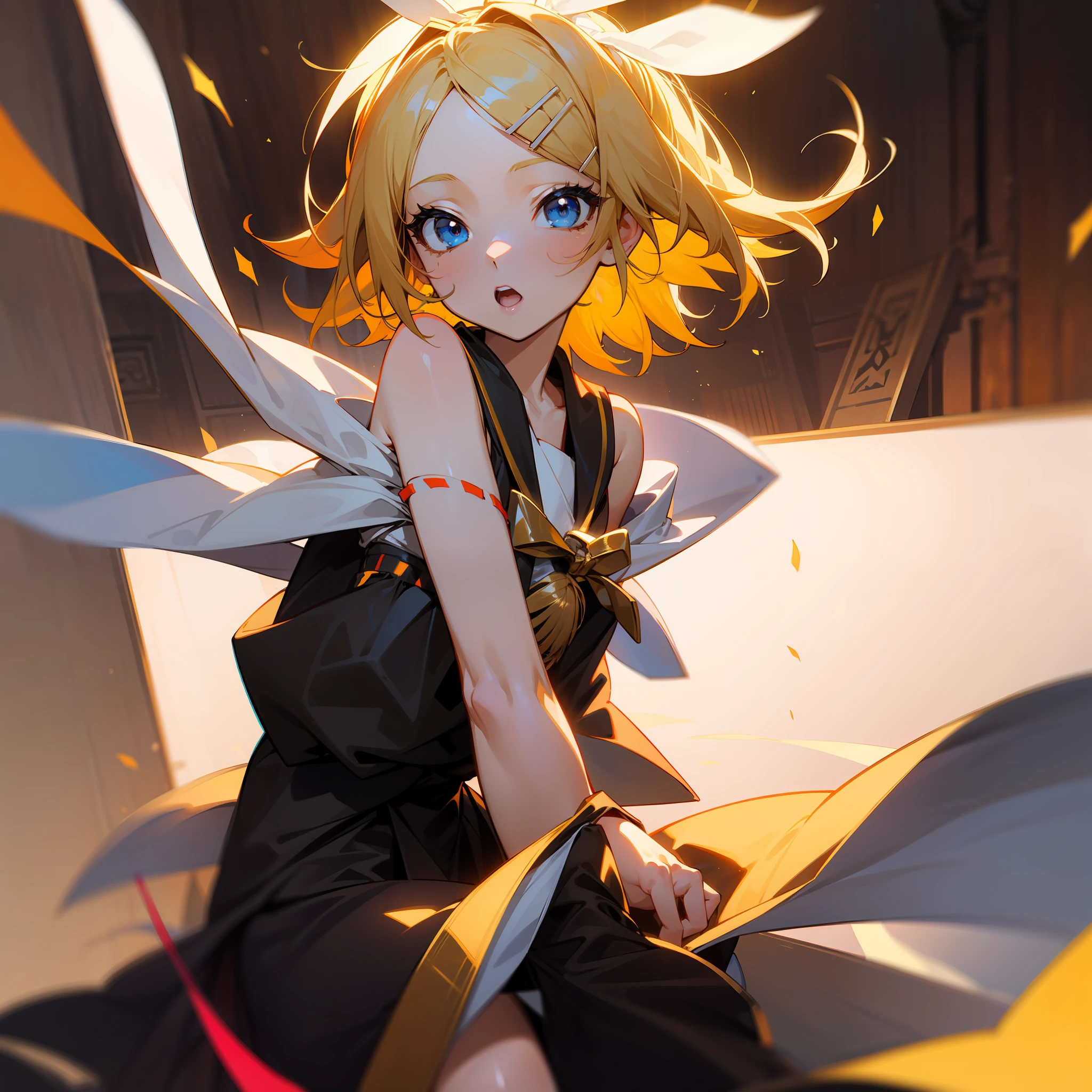 Kagamine rin, miko , miko clothing , 1girl , beautiful girll , sanctuary , blue eyes , golden hair , priestess, vocaloid, day stage