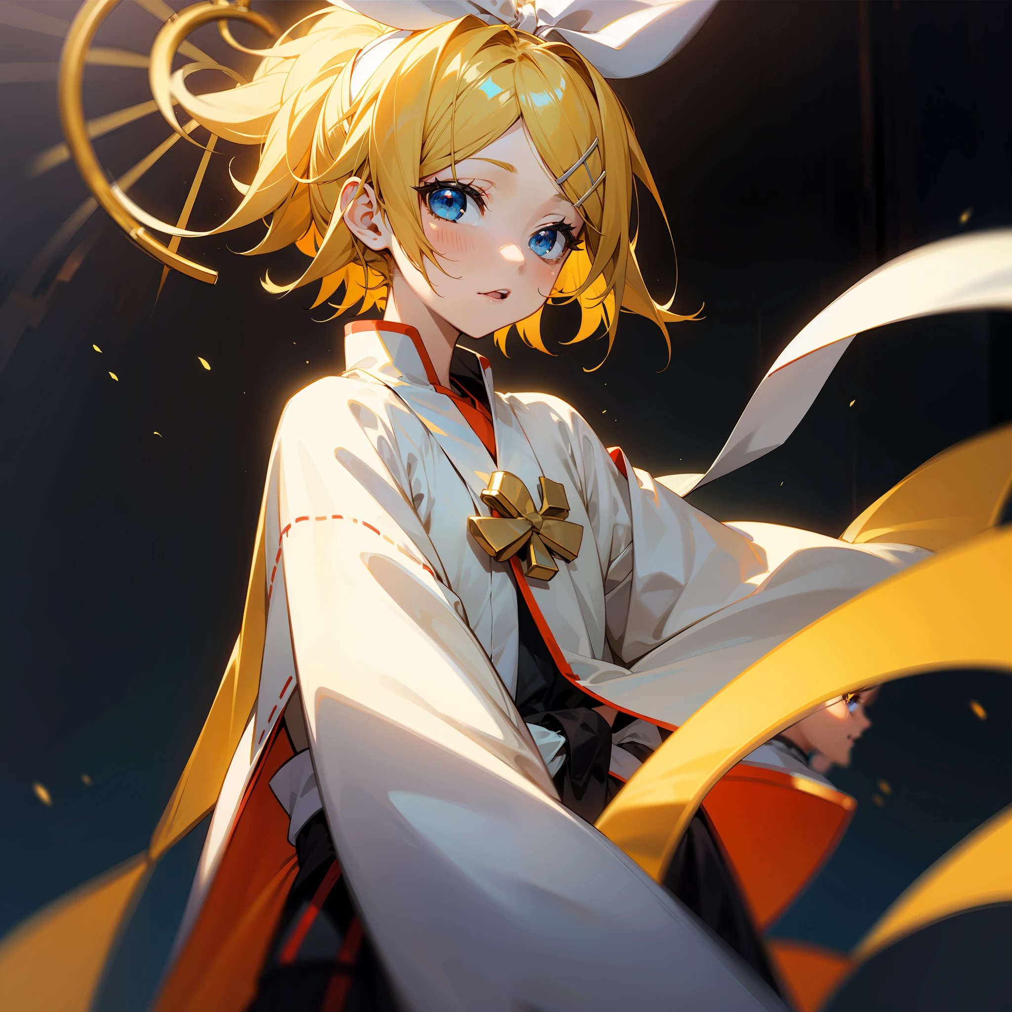 Kagamine rin, miko , miko clothing , 1girl , beautiful girll , sanctuary , blue eyes , golden hair , priestess, vocaloid, day stage