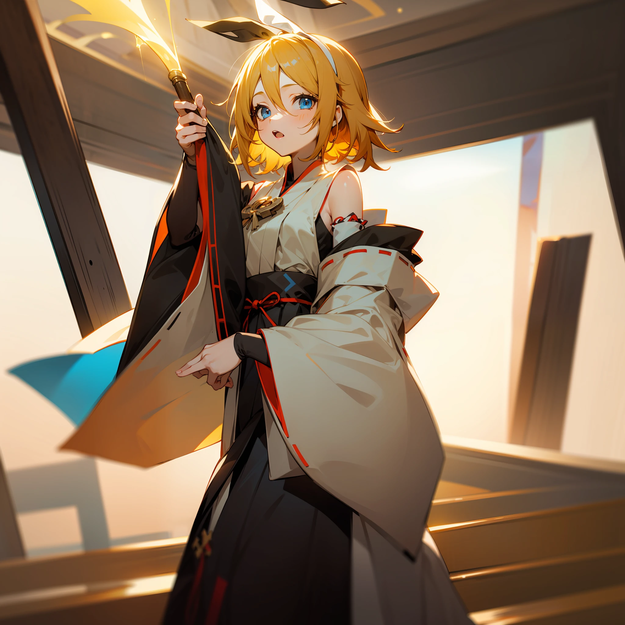 Kagamine rin, miko , miko clothing , 1girl , beautiful girll , sanctuary , blue eyes , golden hair , priestess, vocaloid, day stage
