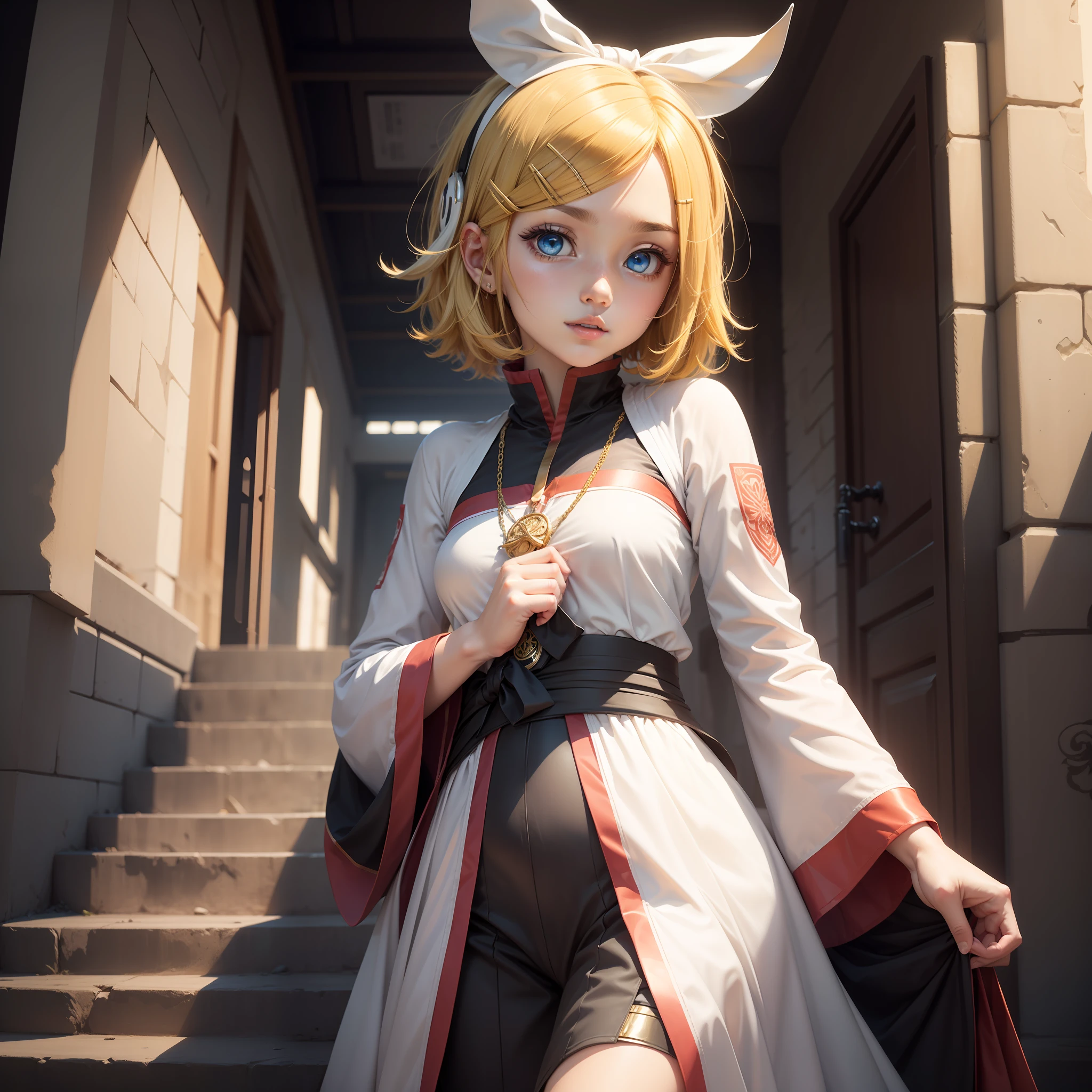 Kagamine rin, miko , miko clothing , 1girl , beautiful girll , sanctuary , blue eyes , golden hair , priestess, vocaloid, day stage