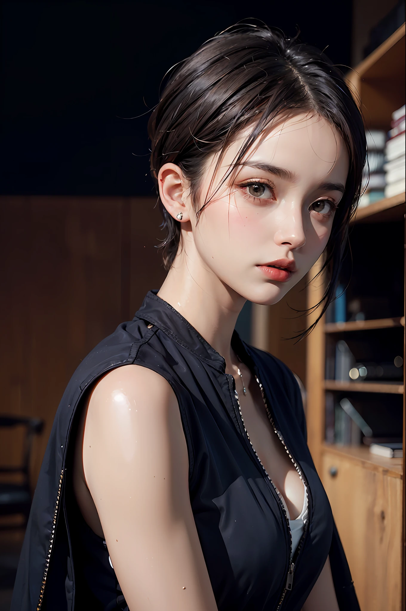 a 30 yo woman,(hi-top fade:1.3),long hair,dark theme, soothing tones, muted colors, high contrast, (natural skin texture, hyperrealism, soft light, sharp),